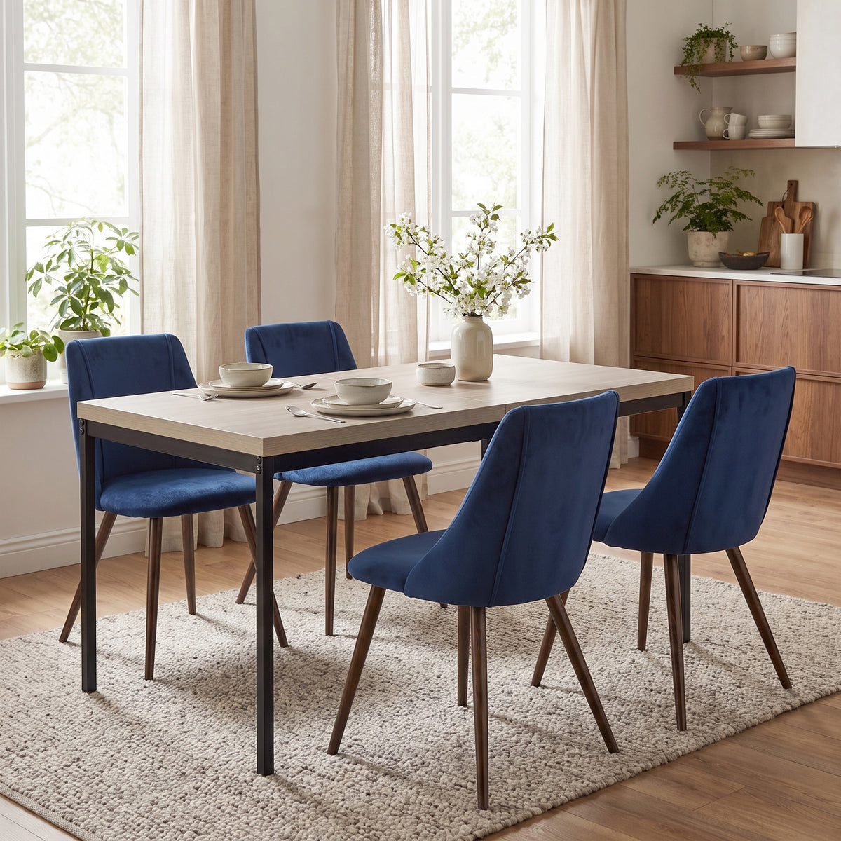 Homy Casa CAJON 150+SMEG 5-Piece Dining Set 59" Dining Table with 4 SMEG Dark Blue Upholstered Chairs Open Box