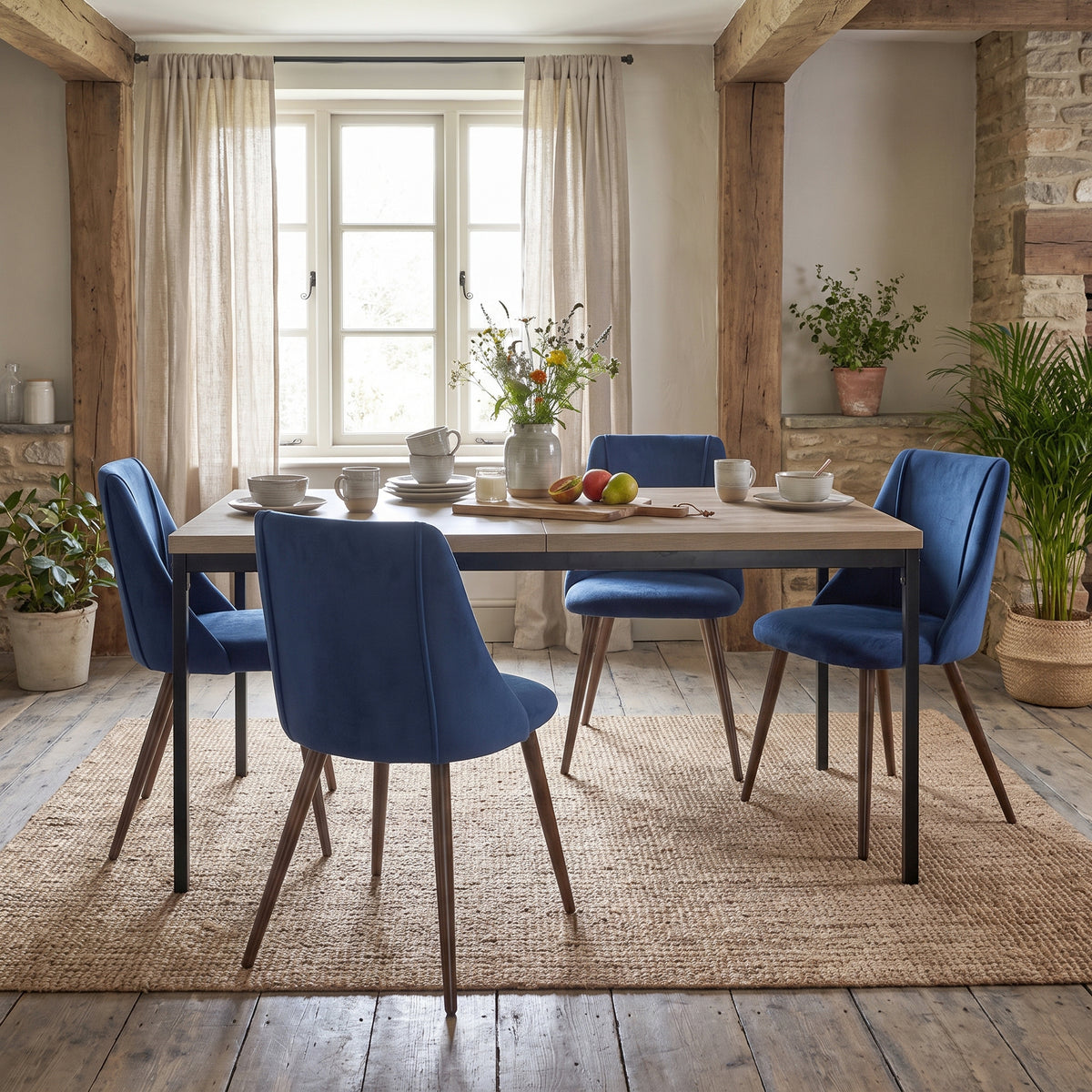 Homy Casa CAJON 150+SMEG 5-Piece Dining Set 59" Dining Table with 4 SMEG Dark Blue Upholstered Chairs Open Box