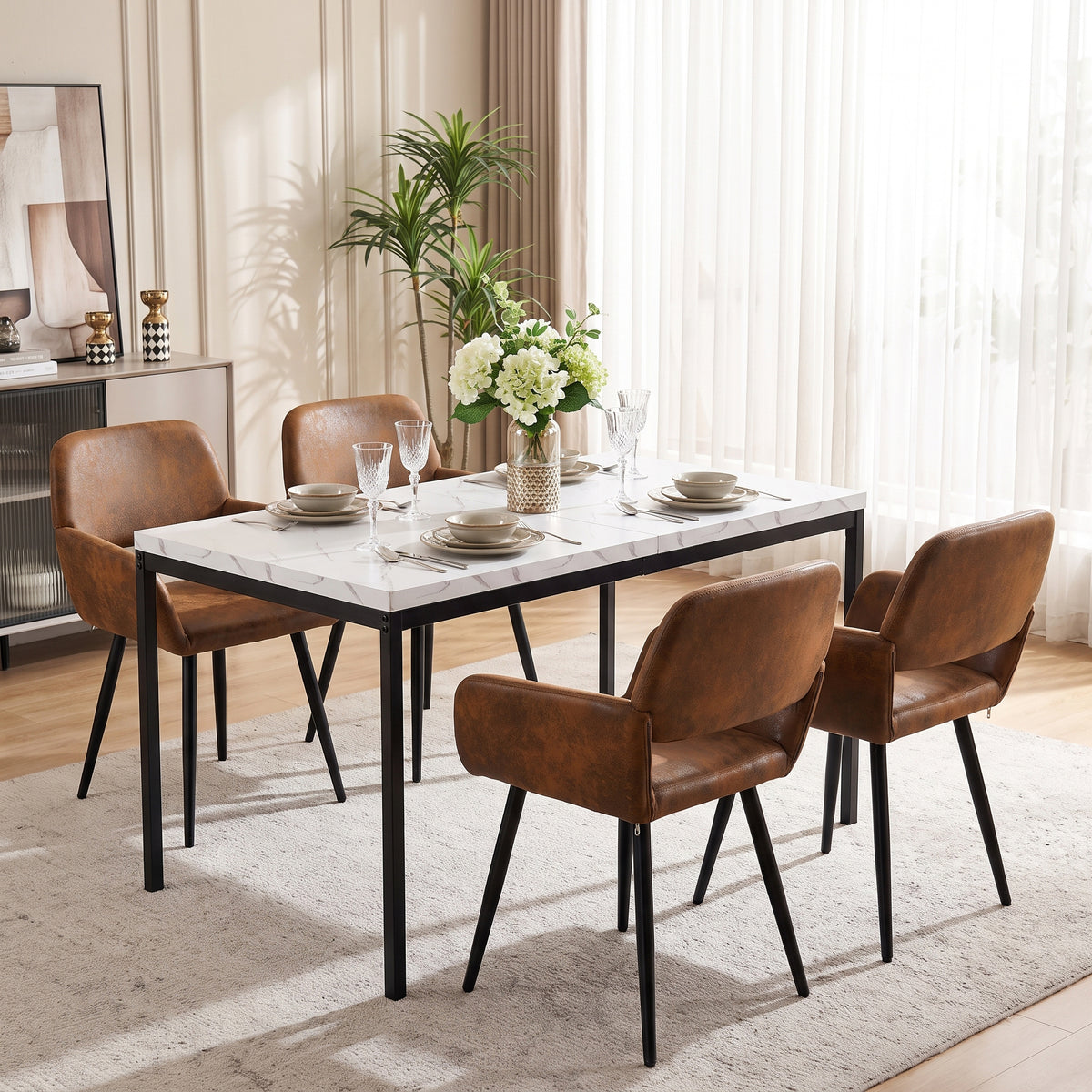 Homy Casa SLIP+SCARGILL 5-Piece Dining Set with 55-Inch Glass Table and 4 Grey Upholstered Chairs