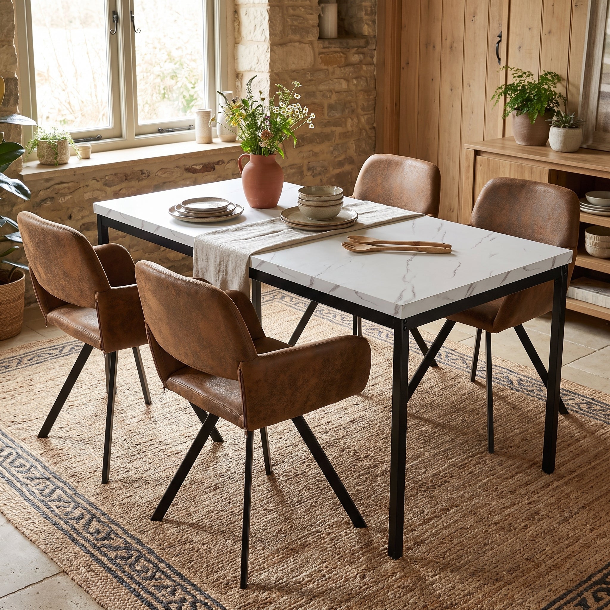 Homy Casa CAJON 150+CALIFORNIA 5-Piece White Marble Dining Set with Brown Suede Swivel Chairs, 150cm Table Open Box