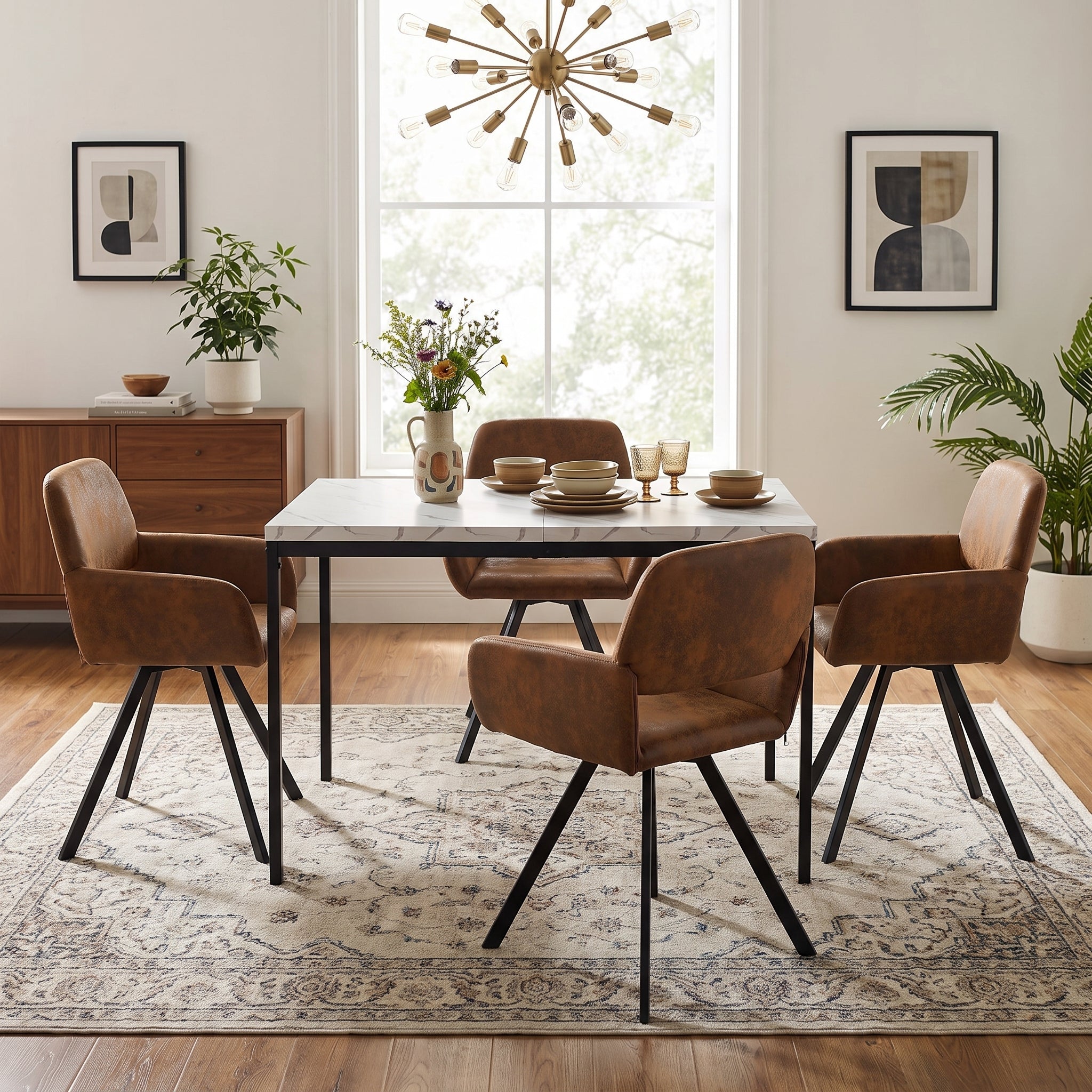 Homy Casa CAJON 150+CALIFORNIA 5-Piece White Marble Dining Set with Brown Suede Swivel Chairs, 150cm Table Open Box