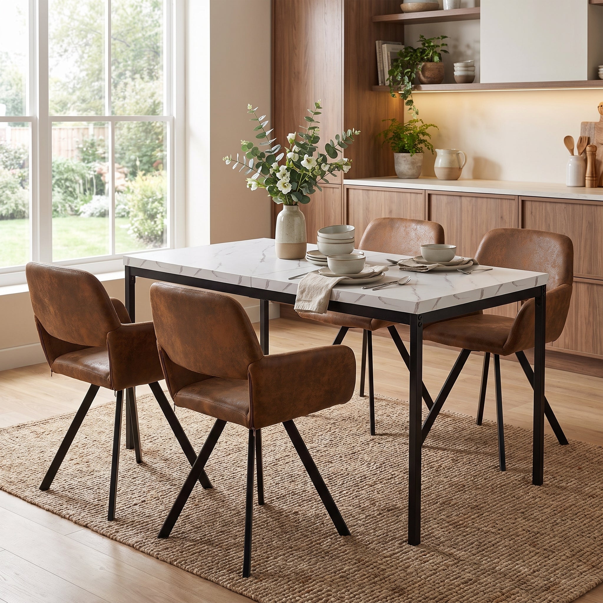 Homy Casa CAJON 150+CALIFORNIA 5-Piece White Marble Dining Set with Brown Suede Swivel Chairs, 150cm Table Open Box