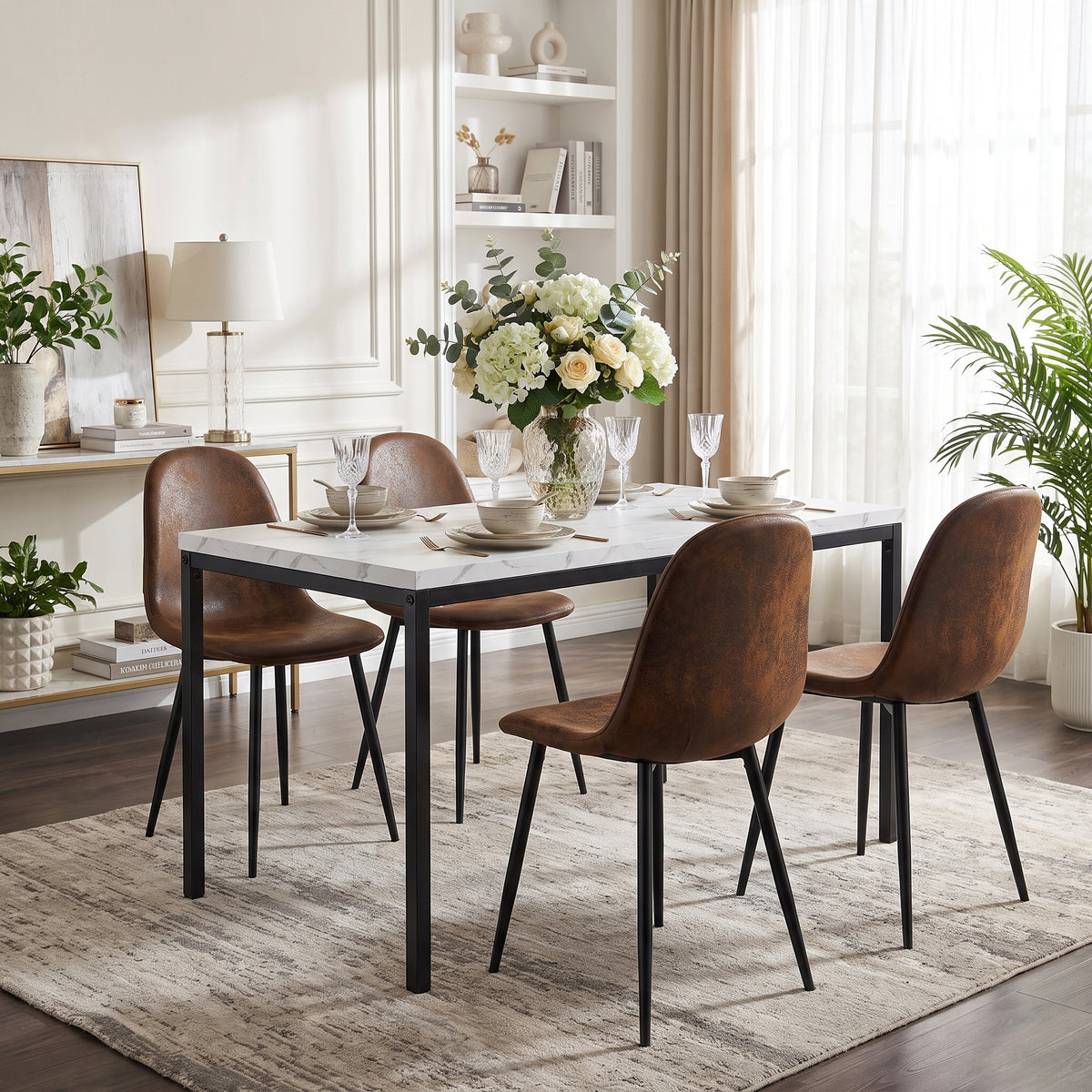 Homy Casa CAJON 150+CHARLTON 5-Piece Dining Set 59" White Marble Dining Table with 4 Charlton Brown Suede Chairs Open Box