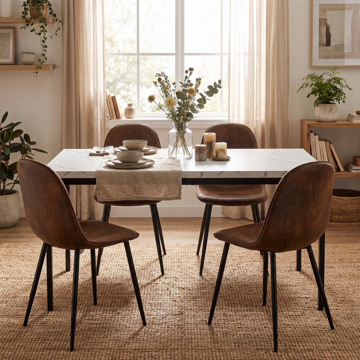 Homy Casa CAJON 150+CHARLTON 5-Piece Dining Set 59" White Marble Dining Table with 4 Charlton Brown Suede Chairs Open Box