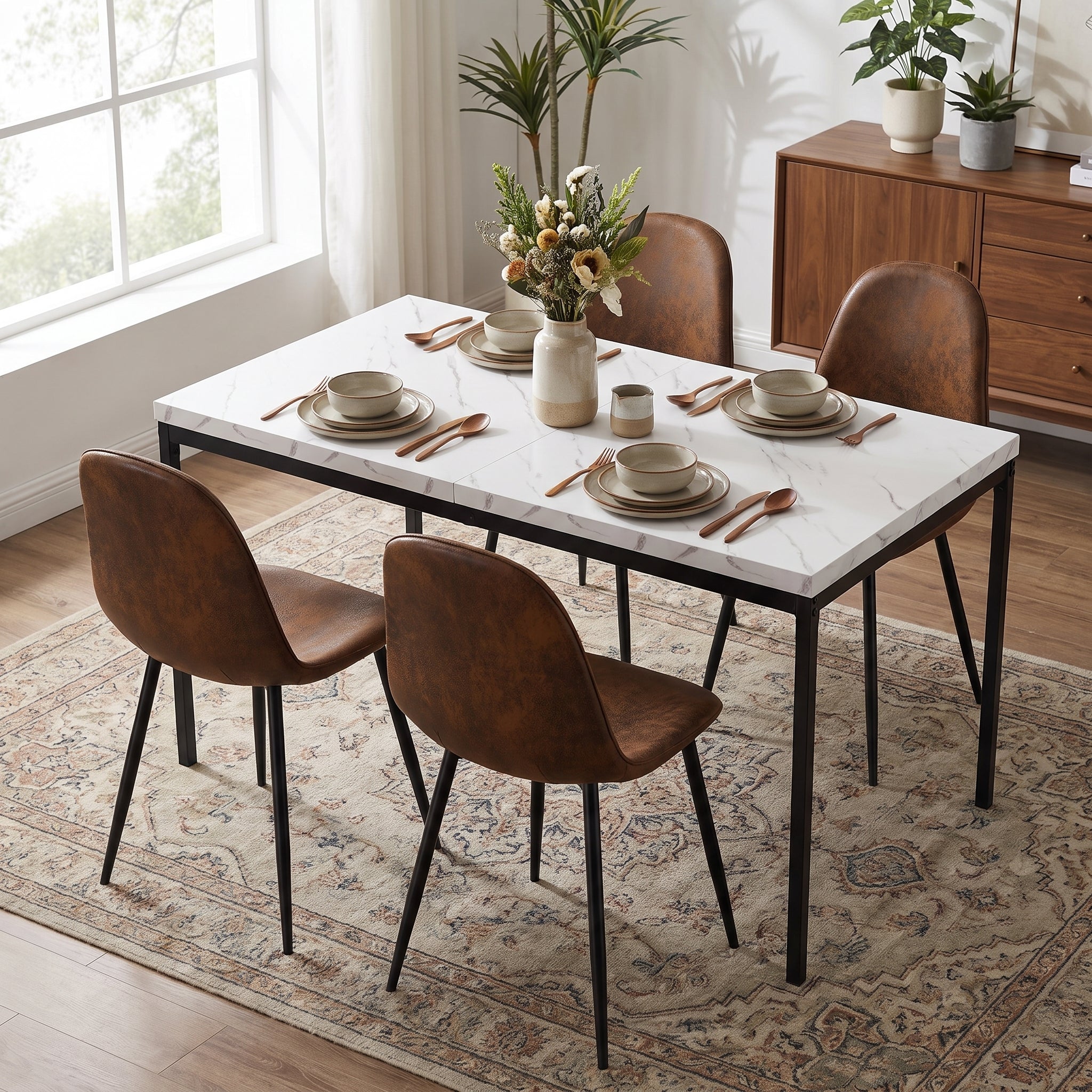 Homy Casa CAJON 150+CHARLTON 5-Piece Dining Set 59" White Marble Dining Table with 4 Charlton Brown Suede Chairs Open Box
