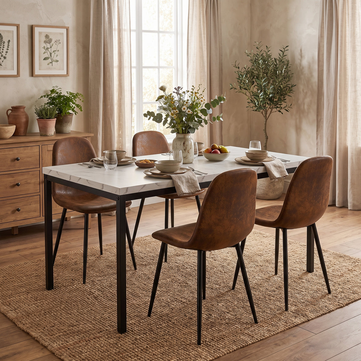 Homy Casa CAJON 150+CHARLTON 5-Piece Dining Set 59" White Marble Table and 4 Brown Suede Chairs Open Box