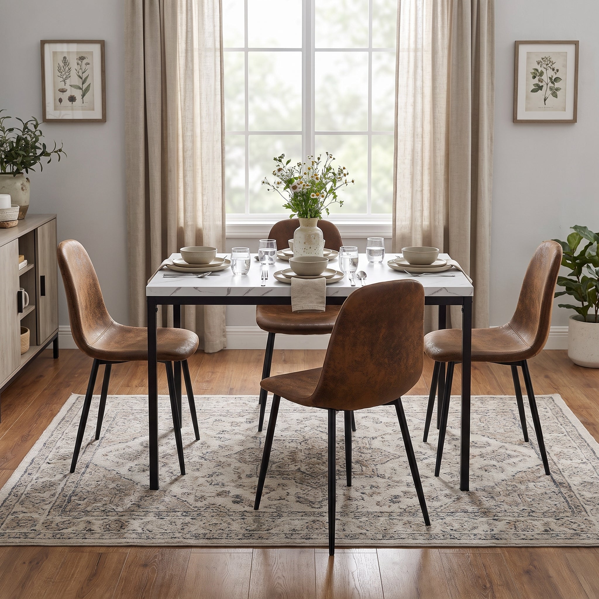 Homy Casa CAJON 150+CHARLTON 5-Piece Dining Set 59" White Marble Table and 4 Brown Suede Chairs Open Box