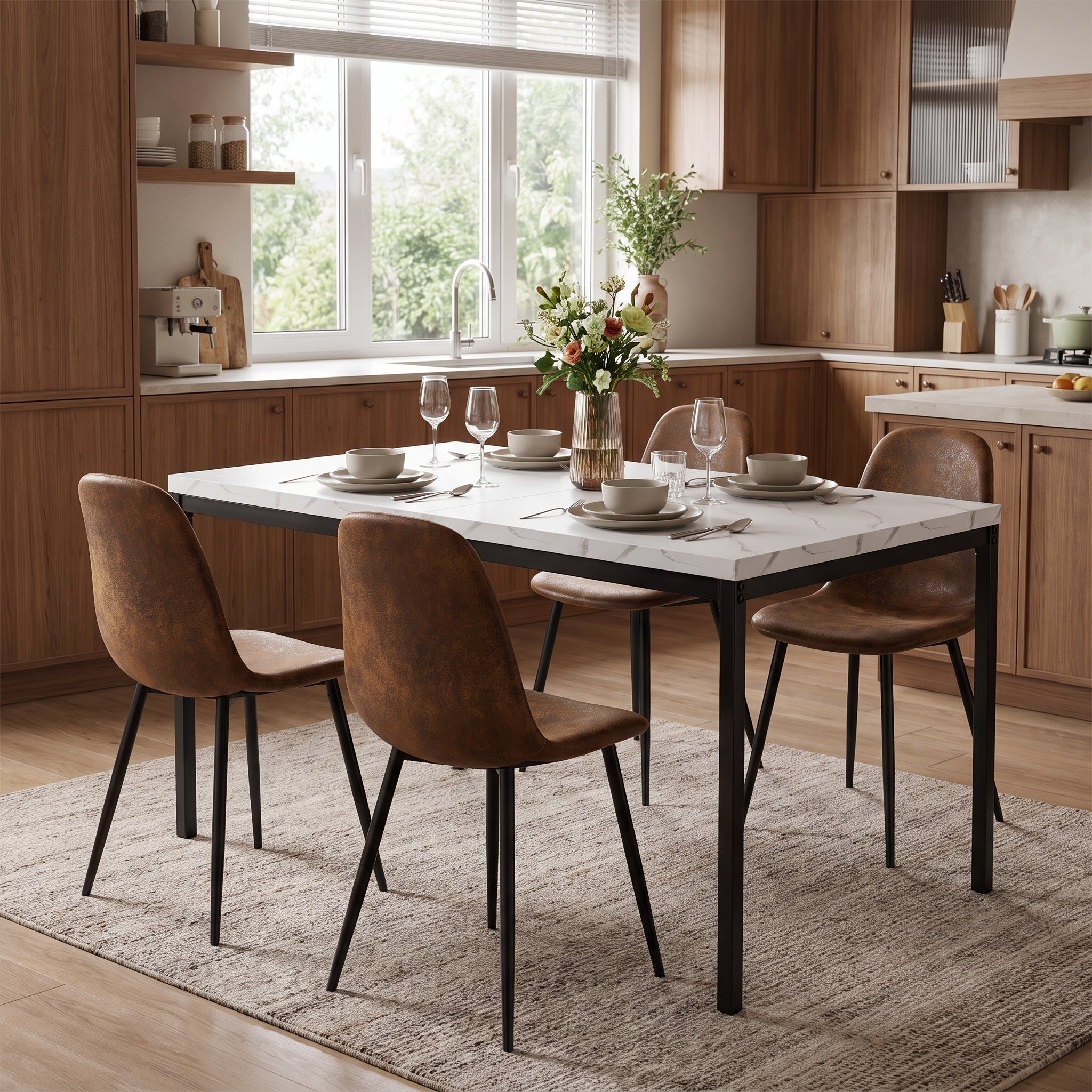 Homy Casa CAJON 150+CHARLTON 5-Piece Dining Set 59" White Marble Table and 4 Brown Suede Chairs Open Box