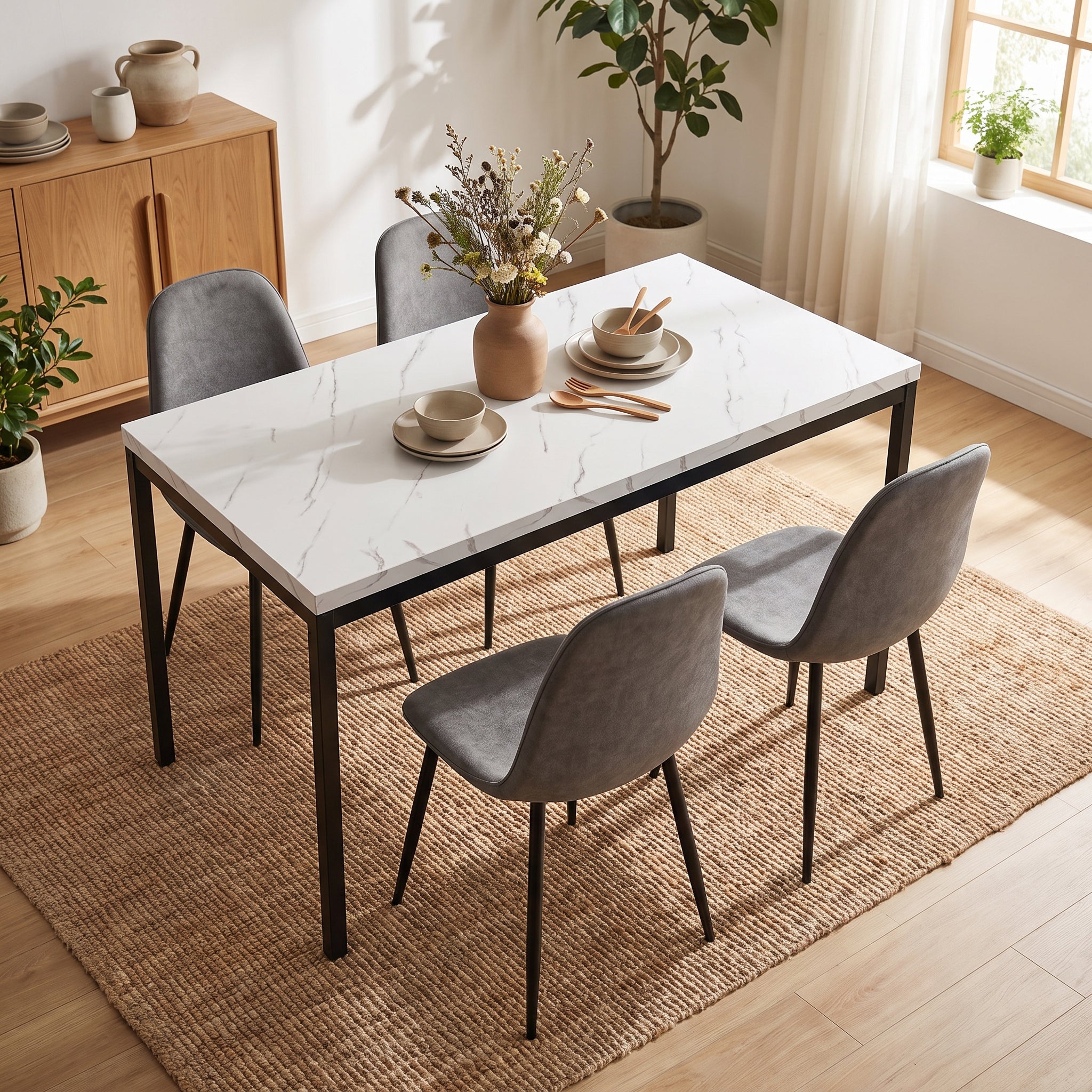 Homy Casa CAJON 150+CHARLTON 5PC Dining Set 59" White Marble Table with 4 Grey Fabric Dining Chairs Open Box