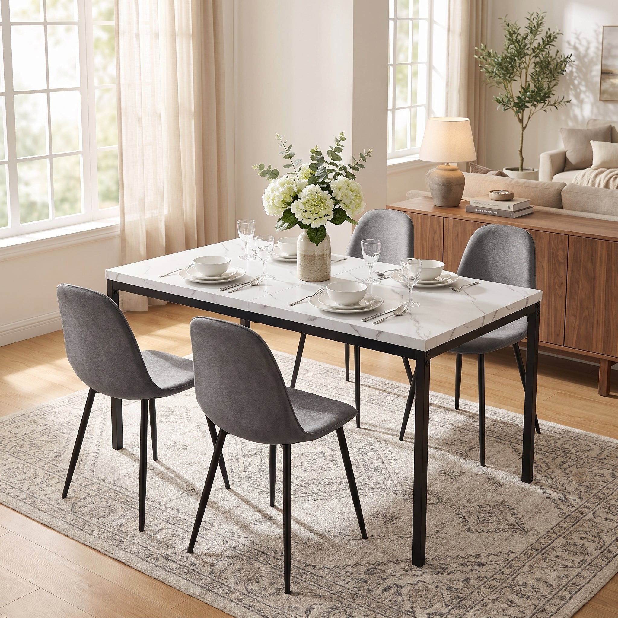 Homy Casa CAJON 150+CHARLTON 5PC Dining Set 59" White Marble Table with 4 Grey Fabric Dining Chairs Open Box