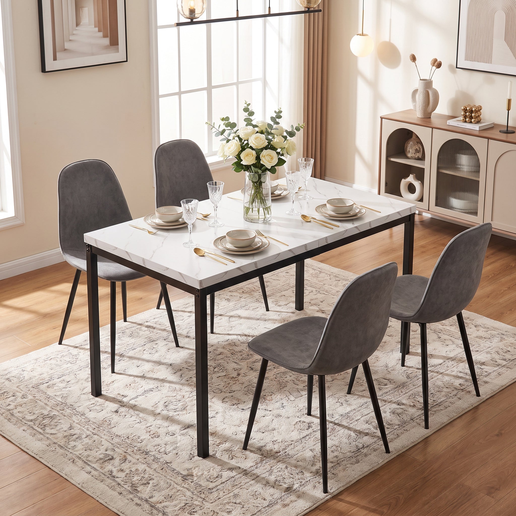 Homy Casa CAJON 150+CHARLTON 5PC Dining Set 59" White Marble Table with 4 Grey Fabric Dining Chairs Open Box