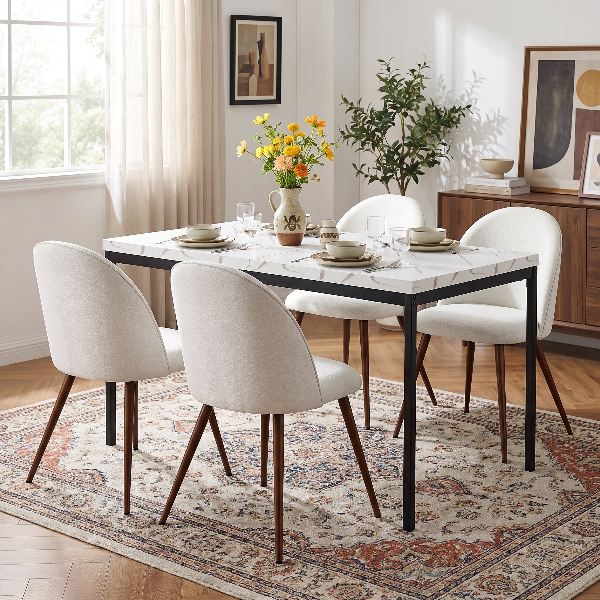 5-Piece Dining Set, 59" White Marble Table with 4 Beige Fabric Chairs, Walnut-Style Metal Legs Open Box