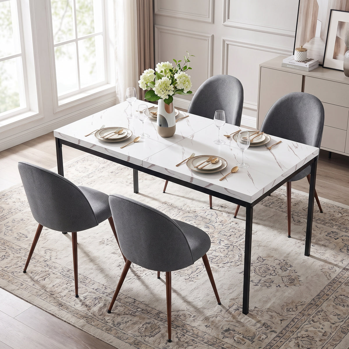 Homy Casa CAJON 150+HAVEN 5PC Dining Set 59.1" White Marble-Look Table with 4 Haven Grey Fabric Chairs and Walnut-Finish Legs Open Box