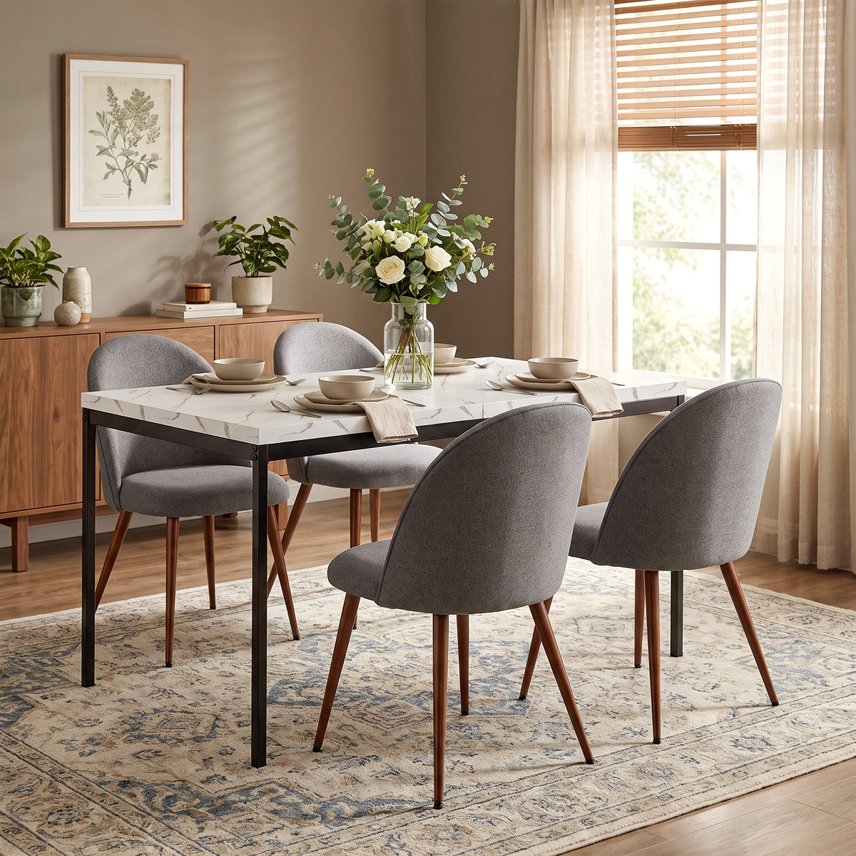 Homy Casa CAJON 150+HAVEN 5PC Dining Set 59.1" White Marble-Look Table with 4 Haven Grey Fabric Chairs and Walnut-Finish Legs Open Box