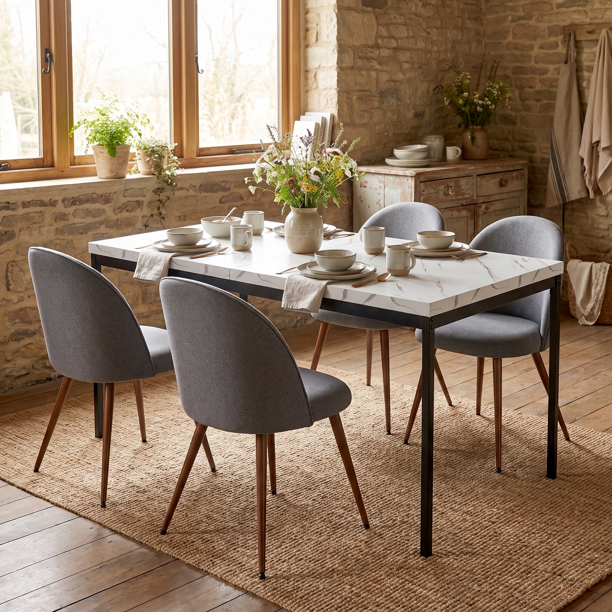 Homy Casa CAJON 150+HAVEN 5PC Dining Set 59.1" White Marble-Look Table with 4 Haven Grey Fabric Chairs and Walnut-Finish Legs Open Box