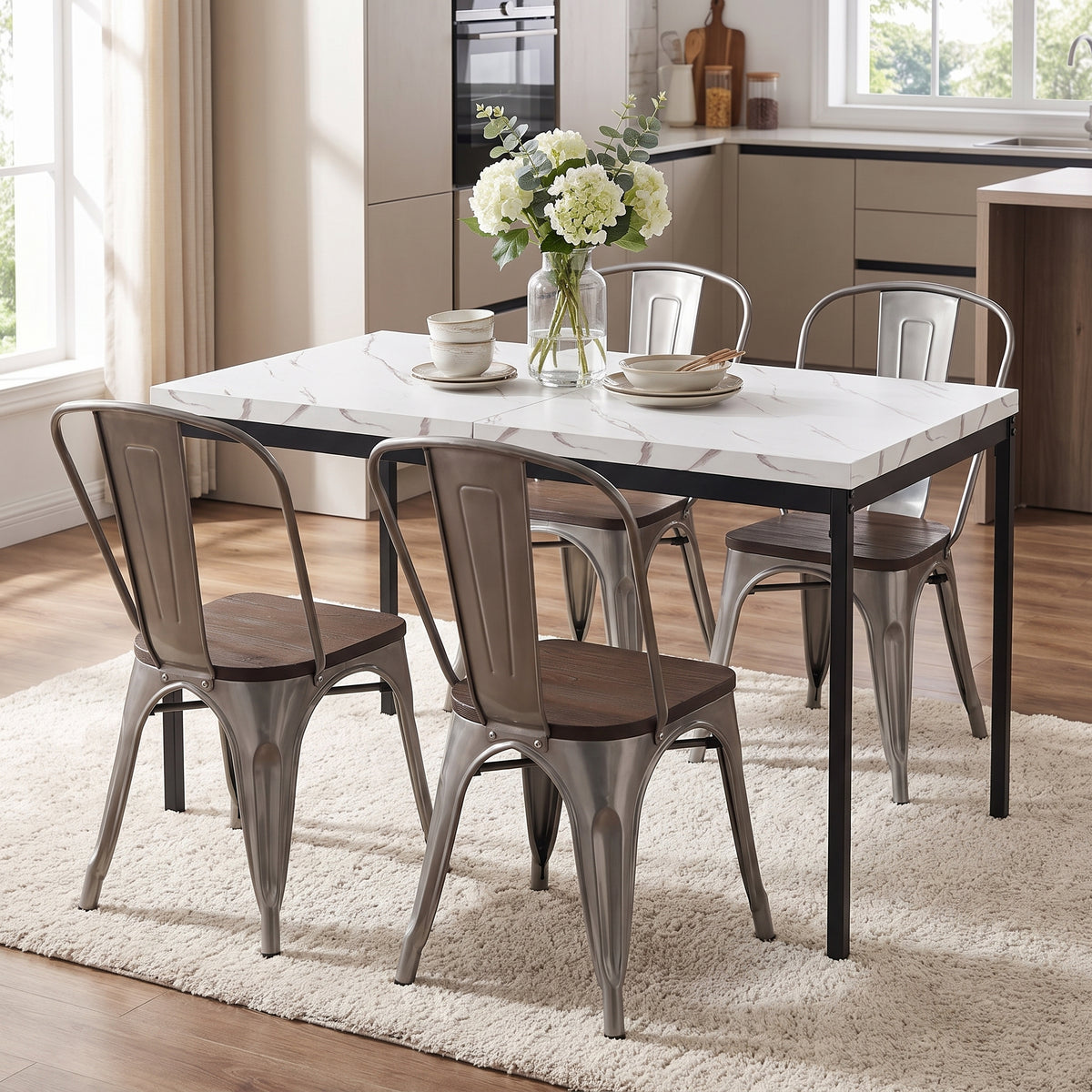 Homy Casa CAJON 150+KRICOX 5-Piece Dining Set 59" White Marble Dining Table with 4 KRICOX Silver Wood Chairs Open Box
