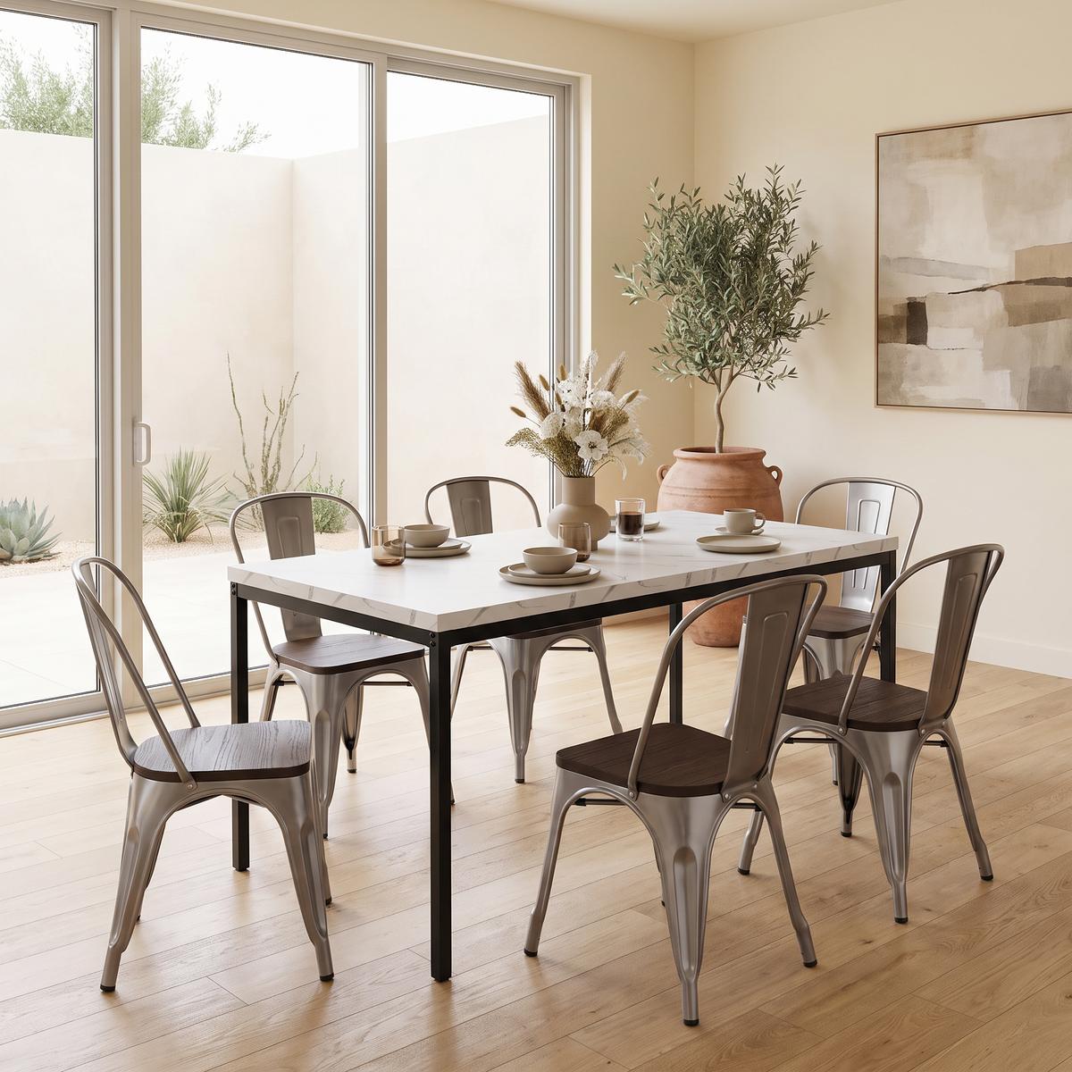 Homy Casa CAJON+KRICOX 7PC Dining Set 59.1” White Marble Dining Table with 6 Kricox Silver Wood Chairs Open Box