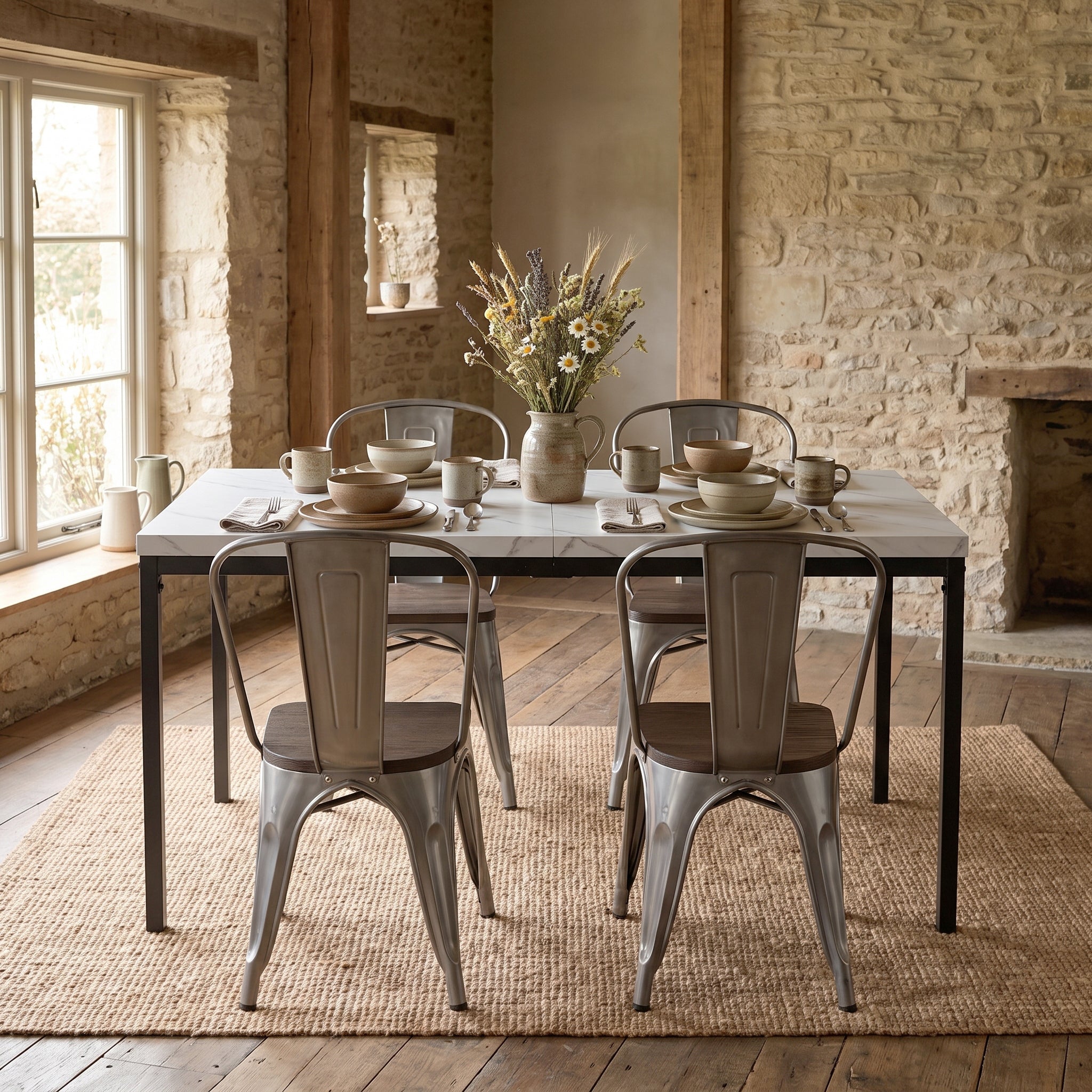 Homy Casa CAJON 150+KRICOX 5-Piece Dining Set 59" White Marble Dining Table with 4 KRICOX Silver Wood Chairs Open Box