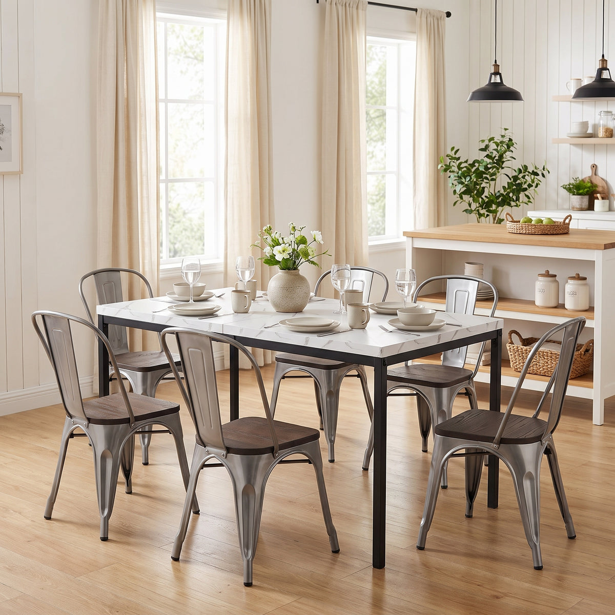 Homy Casa CAJON+KRICOX 7PC Dining Set 59.1” White Marble Dining Table with 6 Kricox Silver Wood Chairs Open Box