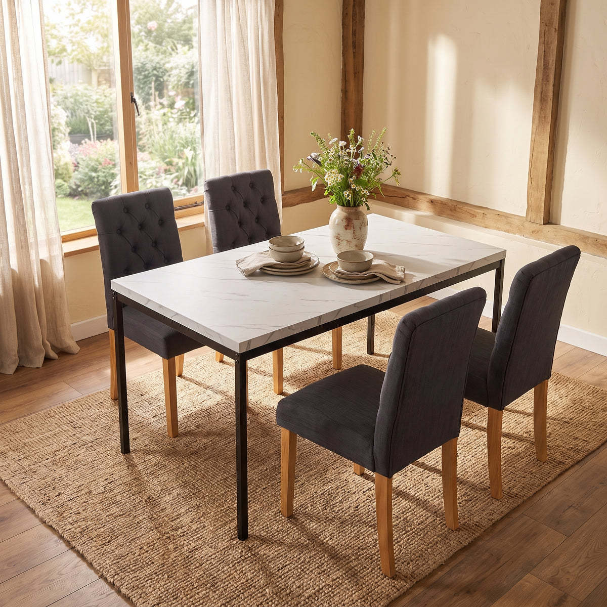 Homy Casa CAJON 150+LUCETTA 5PC Dining Set 59" White Marble Table with 4 LUCETTA Black Upholstered Dining Chairs Open Box