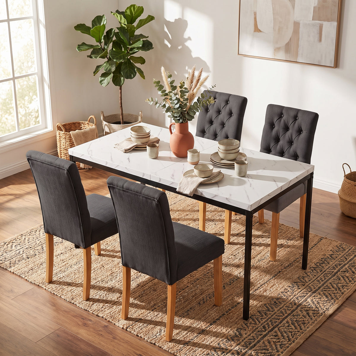 Homy Casa CAJON 150+LUCETTA 5PC Dining Set 59" White Marble Table with 4 LUCETTA Black Upholstered Dining Chairs Open Box