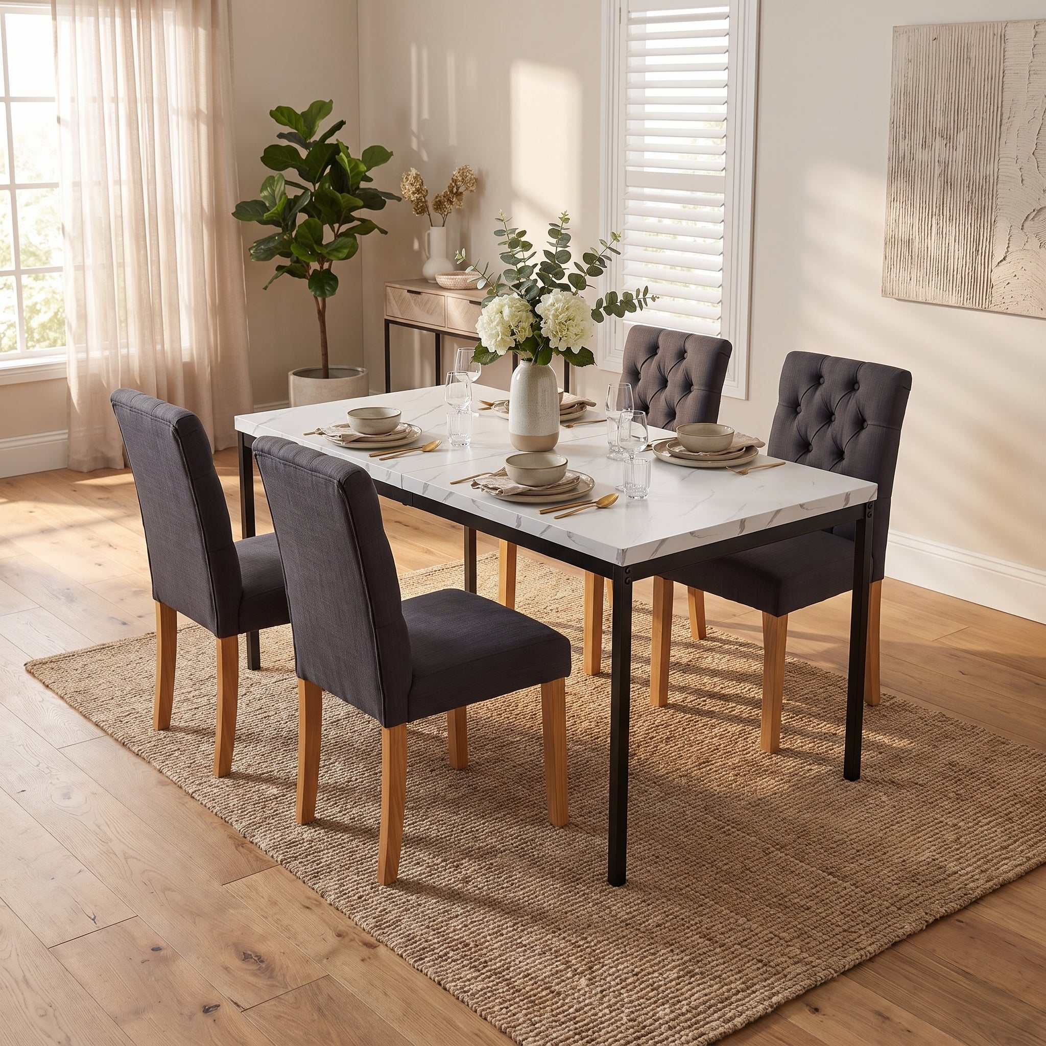 Homy Casa CAJON 150+LUCETTA 5PC Dining Set 59" White Marble Table with 4 LUCETTA Black Upholstered Dining Chairs Open Box