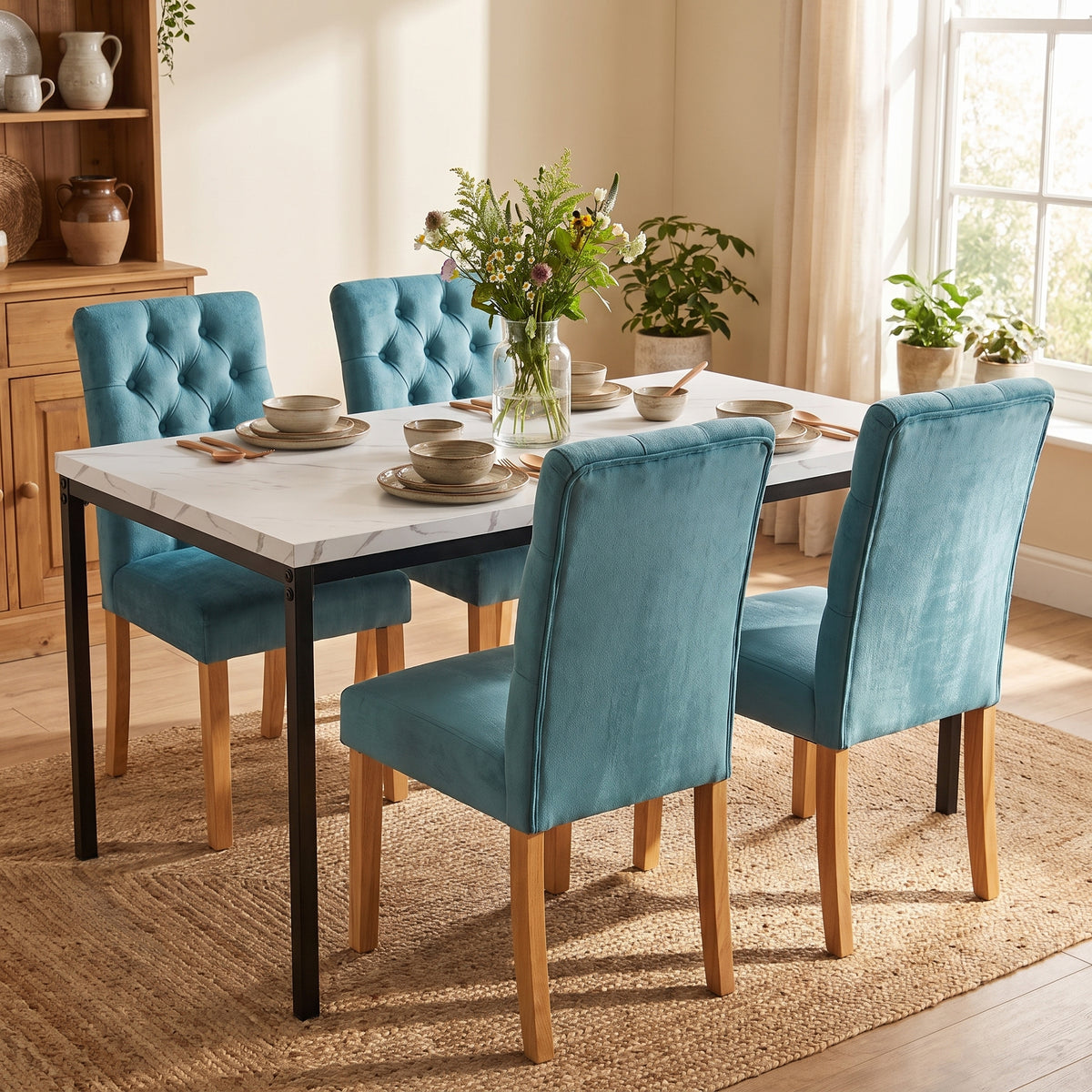 Homy Casa CAJON 150+LUCETTA 5PC Dining Set 59.1" White Marble Table with 4 Lucetta Green Upholstered Dining Chairs Open Box