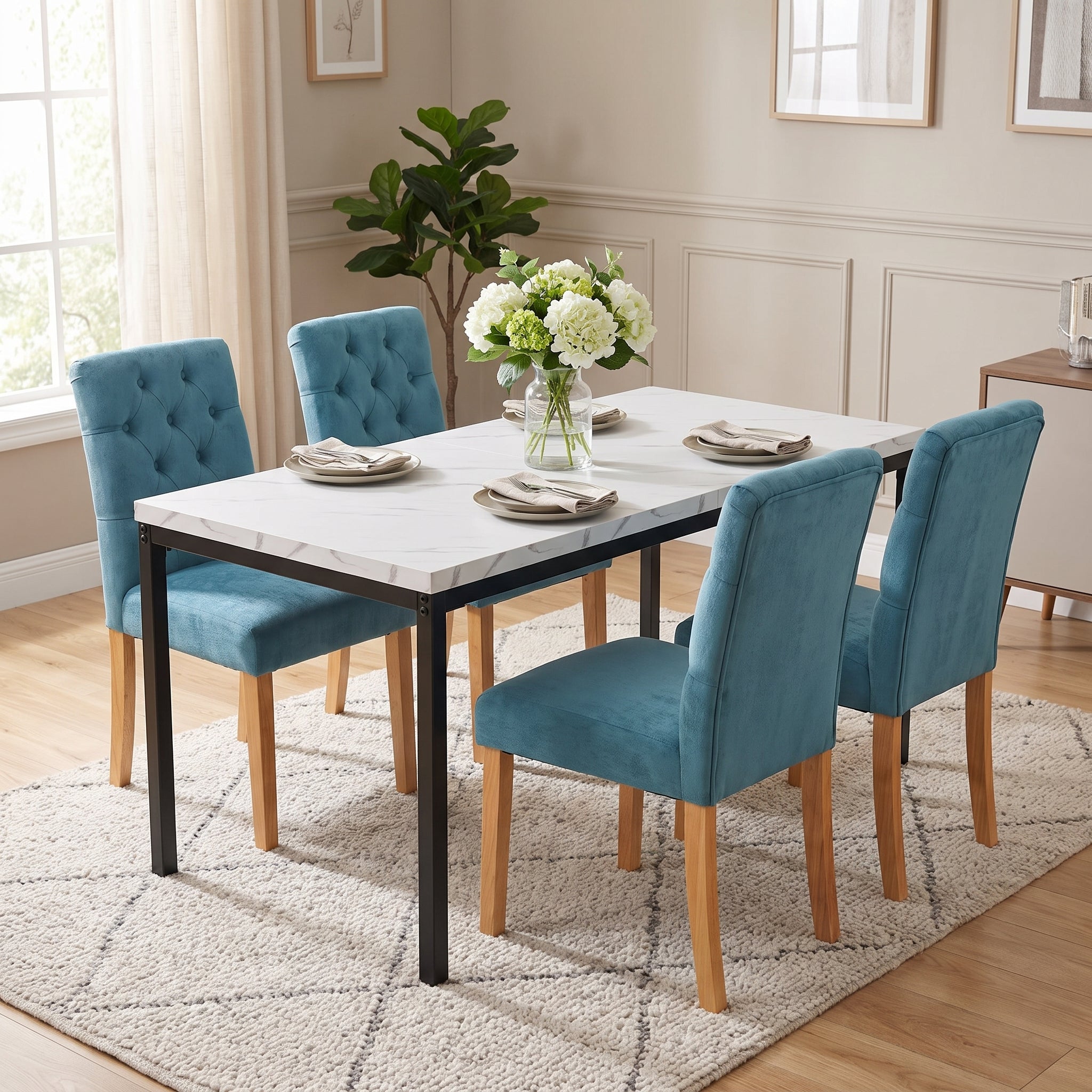 Homy Casa CAJON 150+LUCETTA 5PC Dining Set 59.1" White Marble Table with 4 Lucetta Green Upholstered Dining Chairs Open Box