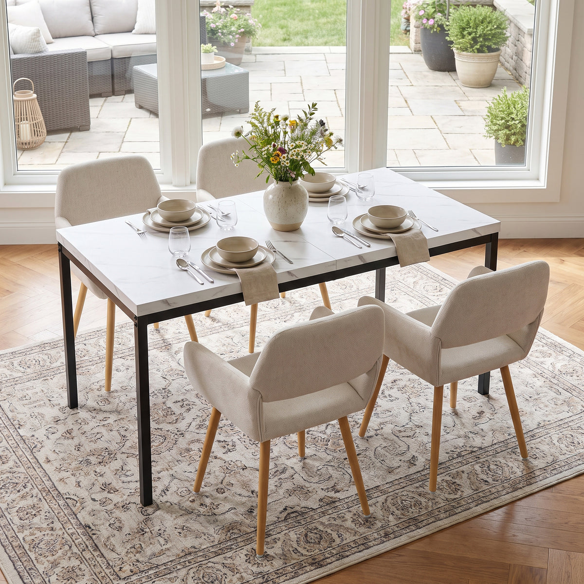 Homy Casa CAJON 150+MAYFAIR 5PC Dining Set 59" White Marble Table with 4 Mayfair Beige Fabric Chairs Open Box