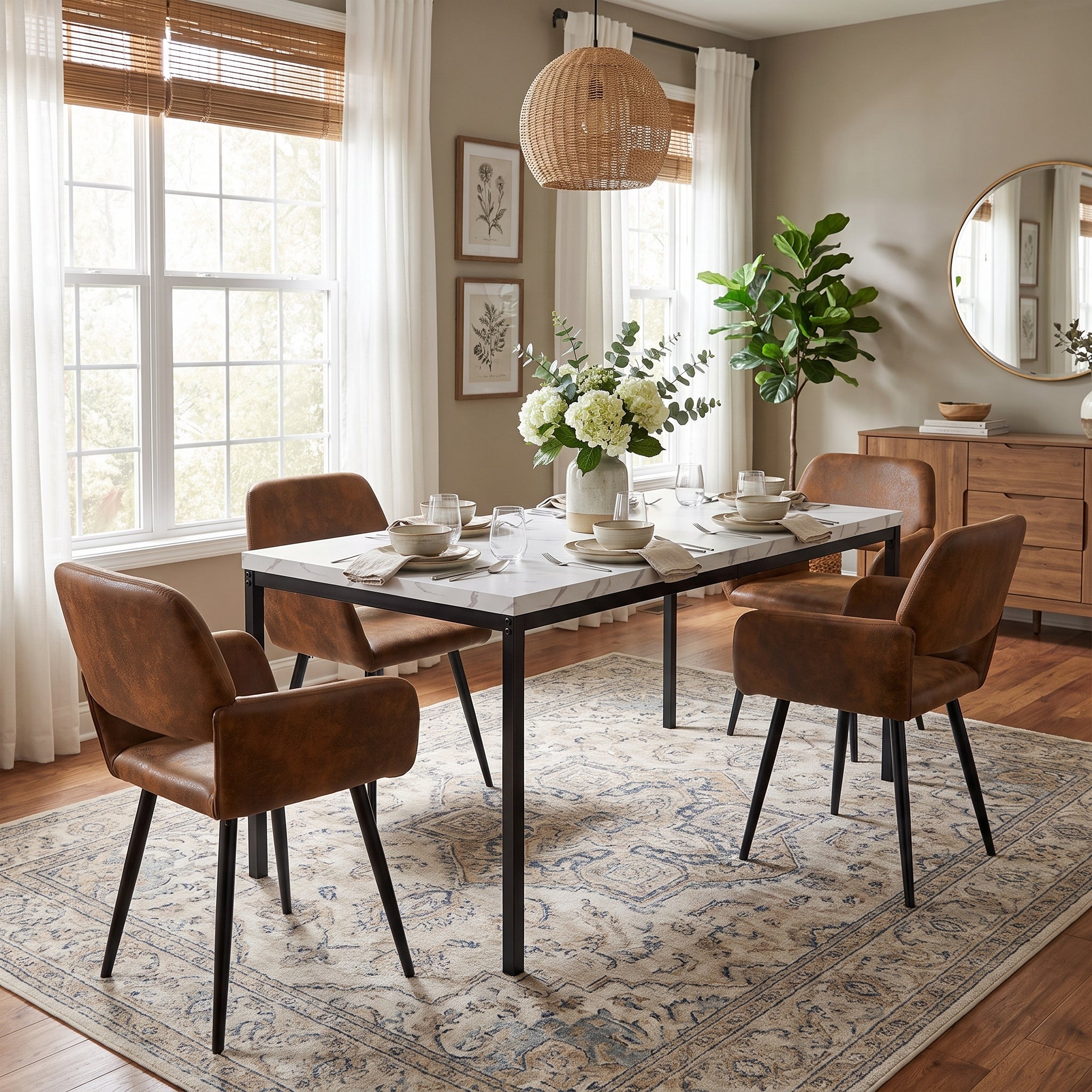 Homy Casa CAJON 150+MAYFAIR 5PC Dining Set 59" White Marble Table with 4 Mayfair Brown Suede Chairs Open Box