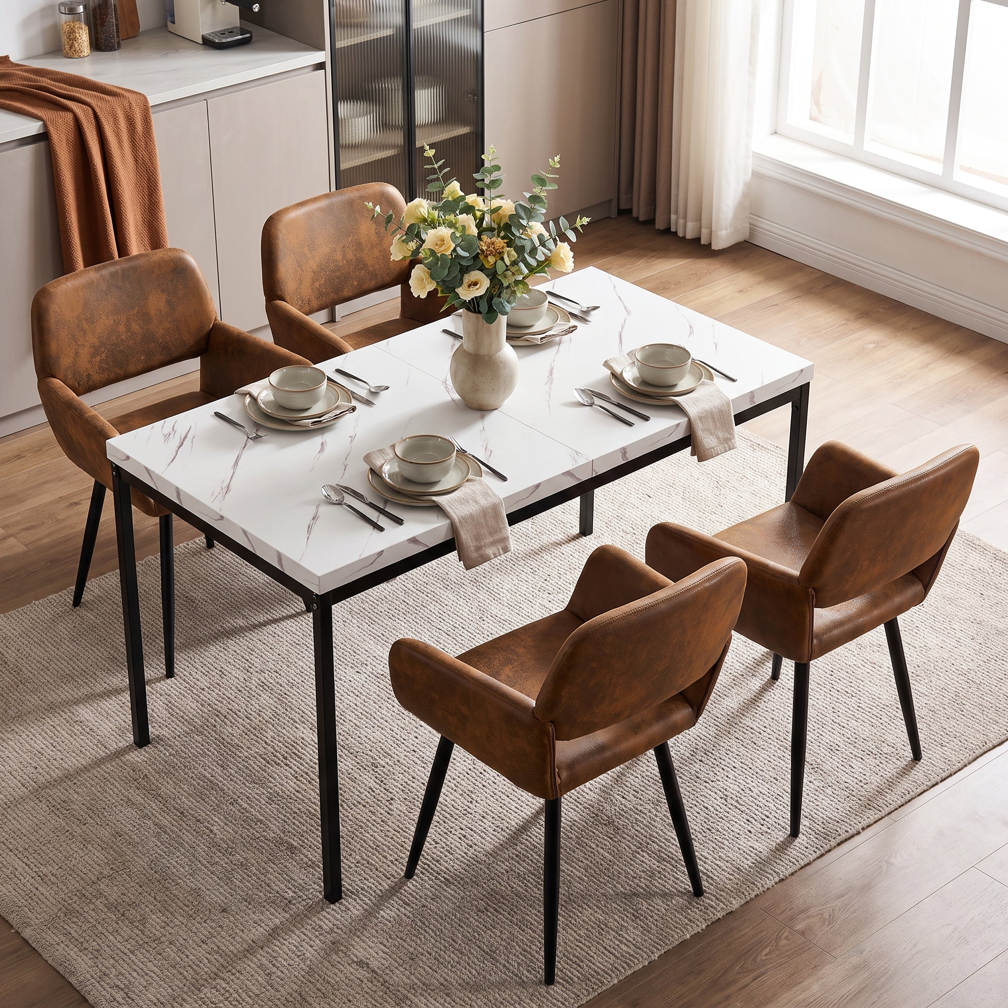 Homy Casa CAJON 150+MAYFAIR 5PC Dining Set 59" White Marble Table with 4 Mayfair Brown Suede Chairs Open Box