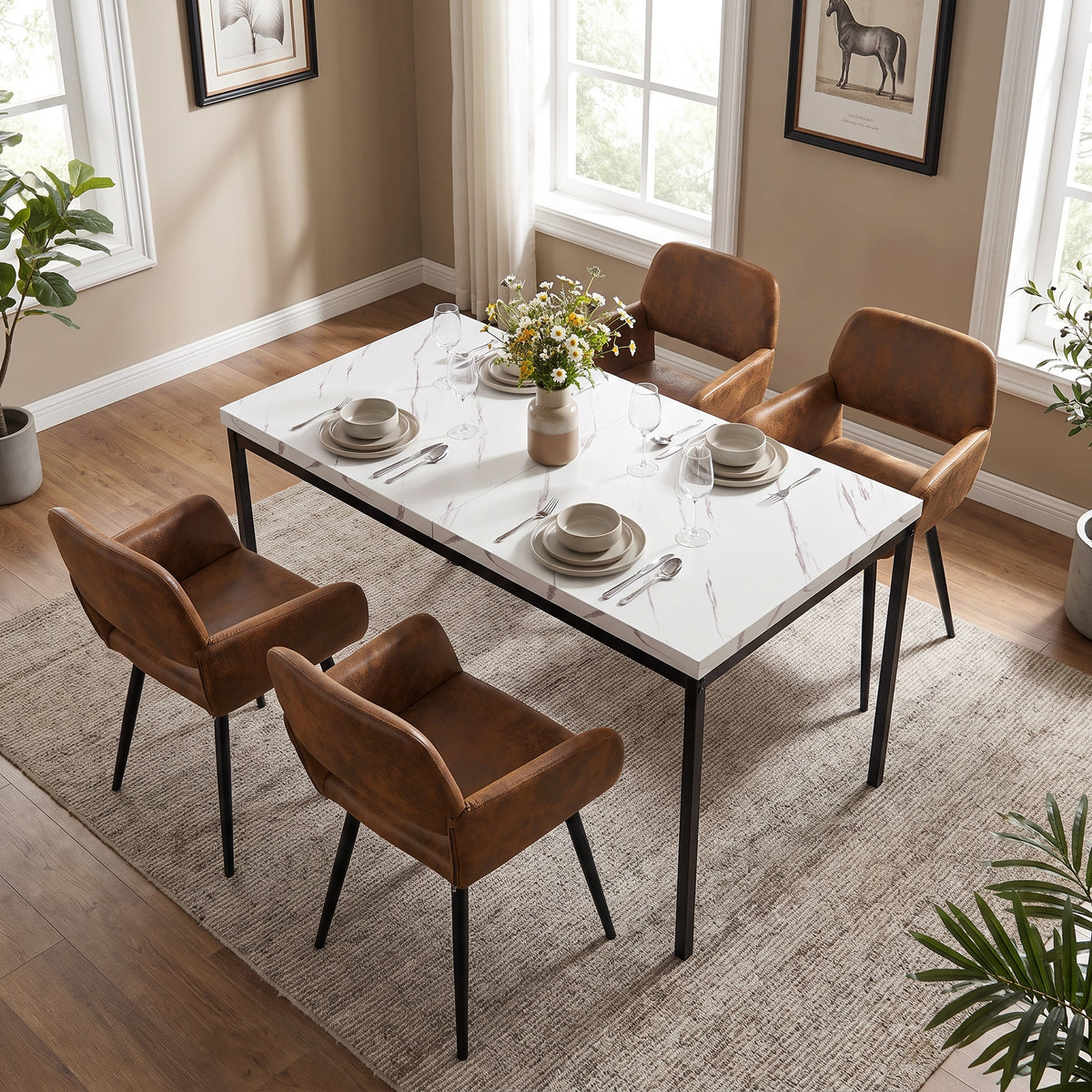 Homy Casa CAJON 150+MAYFAIR 5PC Dining Set 59" White Marble Table with 4 Mayfair Brown Suede Chairs Open Box