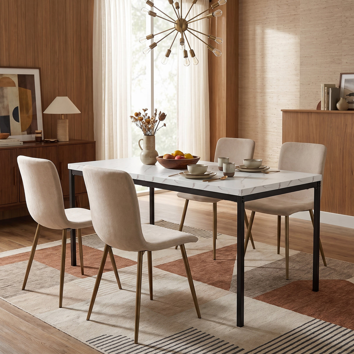 Homy Casa CAJON 150+SCARGILL 5-Piece Dining Set 59" White Marble Dining Table with 4 Scargill Beige Chairs Open Box