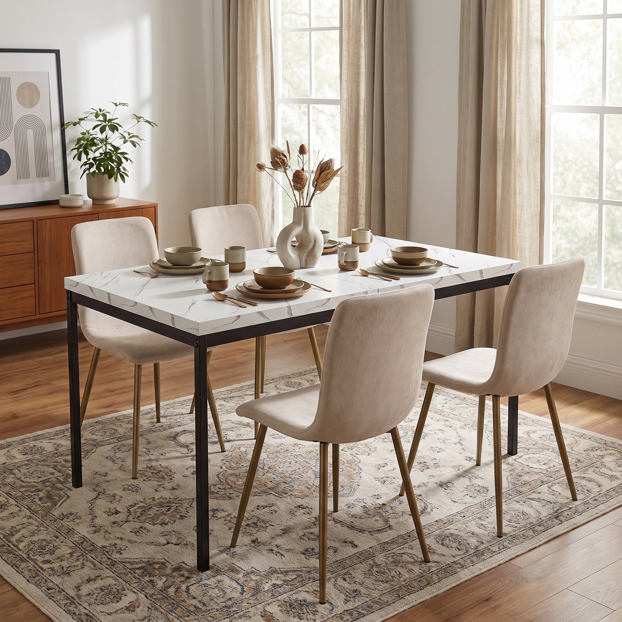 Homy Casa CAJON 150+SCARGILL 5-Piece Dining Set 59" White Marble Dining Table with 4 Scargill Beige Chairs Open Box