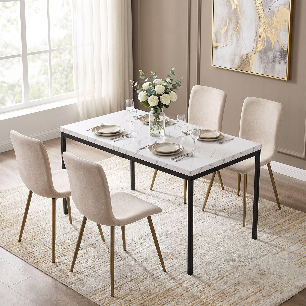 Homy Casa CAJON 150+SCARGILL 5-Piece Dining Set 59" White Marble Dining Table with 4 Scargill Beige Chairs Open Box
