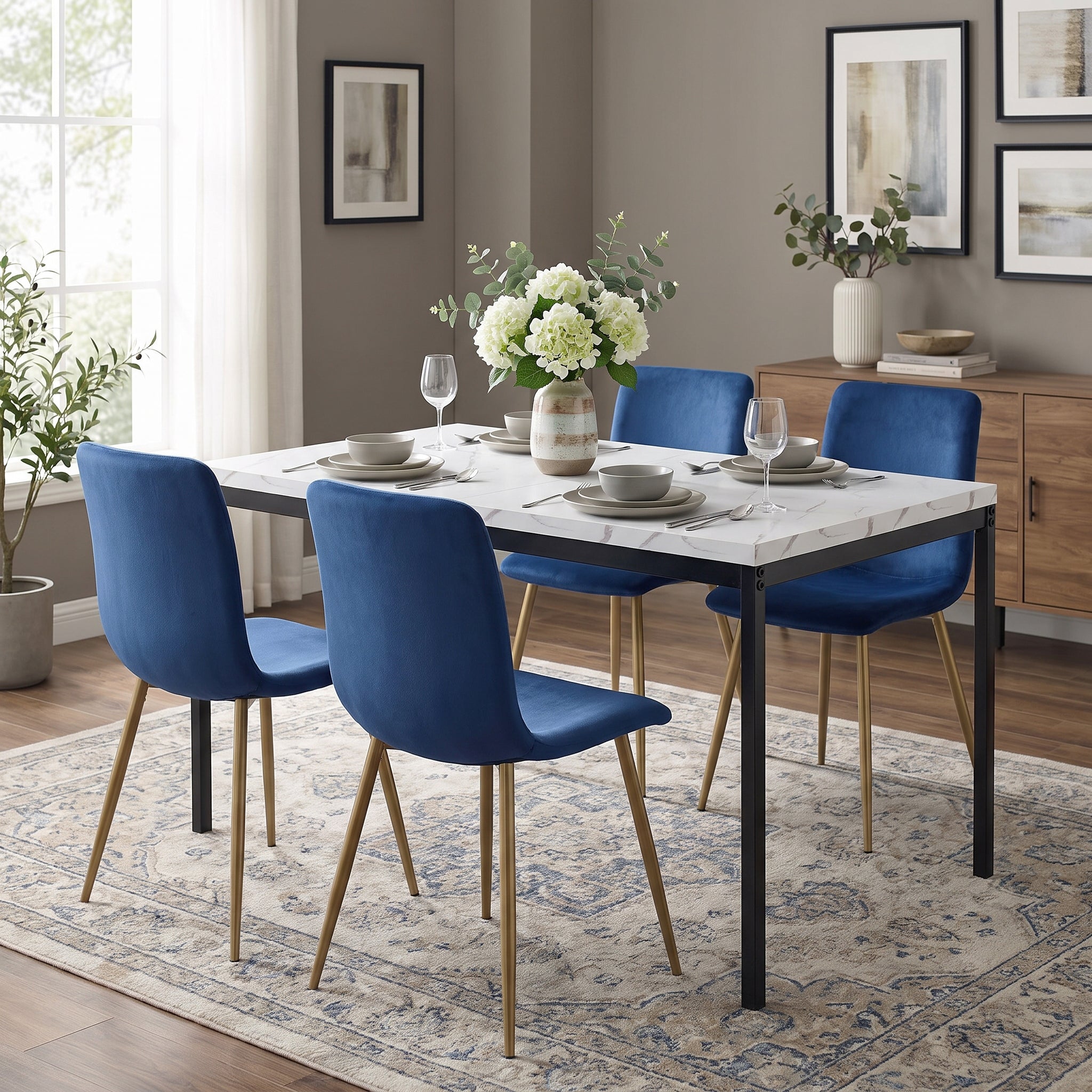 Homy Casa CAJON 150+SCARGILL 5-Piece Dining Set 59" White Marble Dining Table with 4 SCARGILL Blue Fabric Chairs Open Box