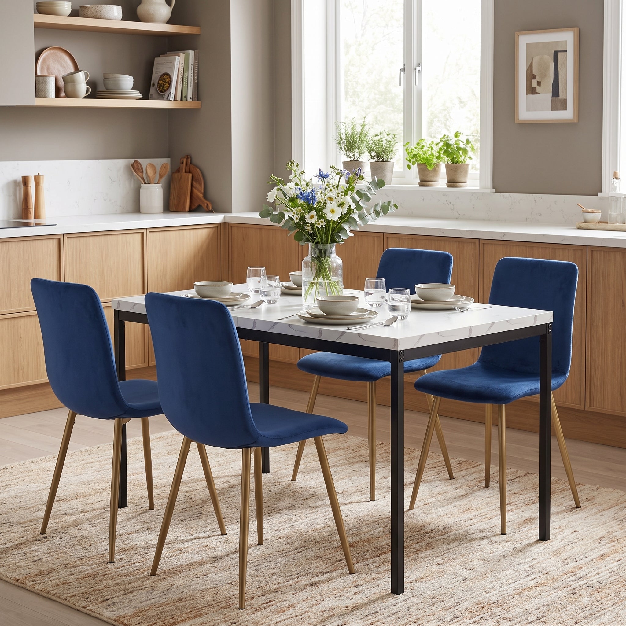 Homy Casa CAJON 150+SCARGILL 5-Piece Dining Set 59" White Marble Dining Table with 4 SCARGILL Blue Fabric Chairs Open Box