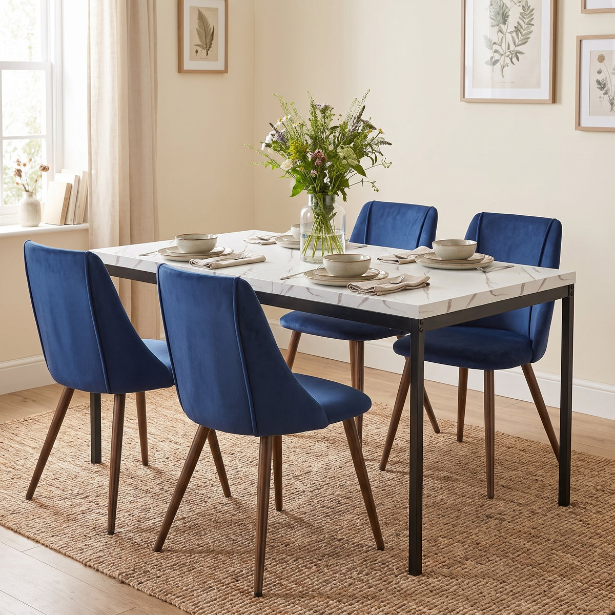 Homy Casa CAJON 150+SMEG 5-Piece Dining Set 59" White Marble Dining Table with 4 Dark Blue Upholstered Chairs Open Box
