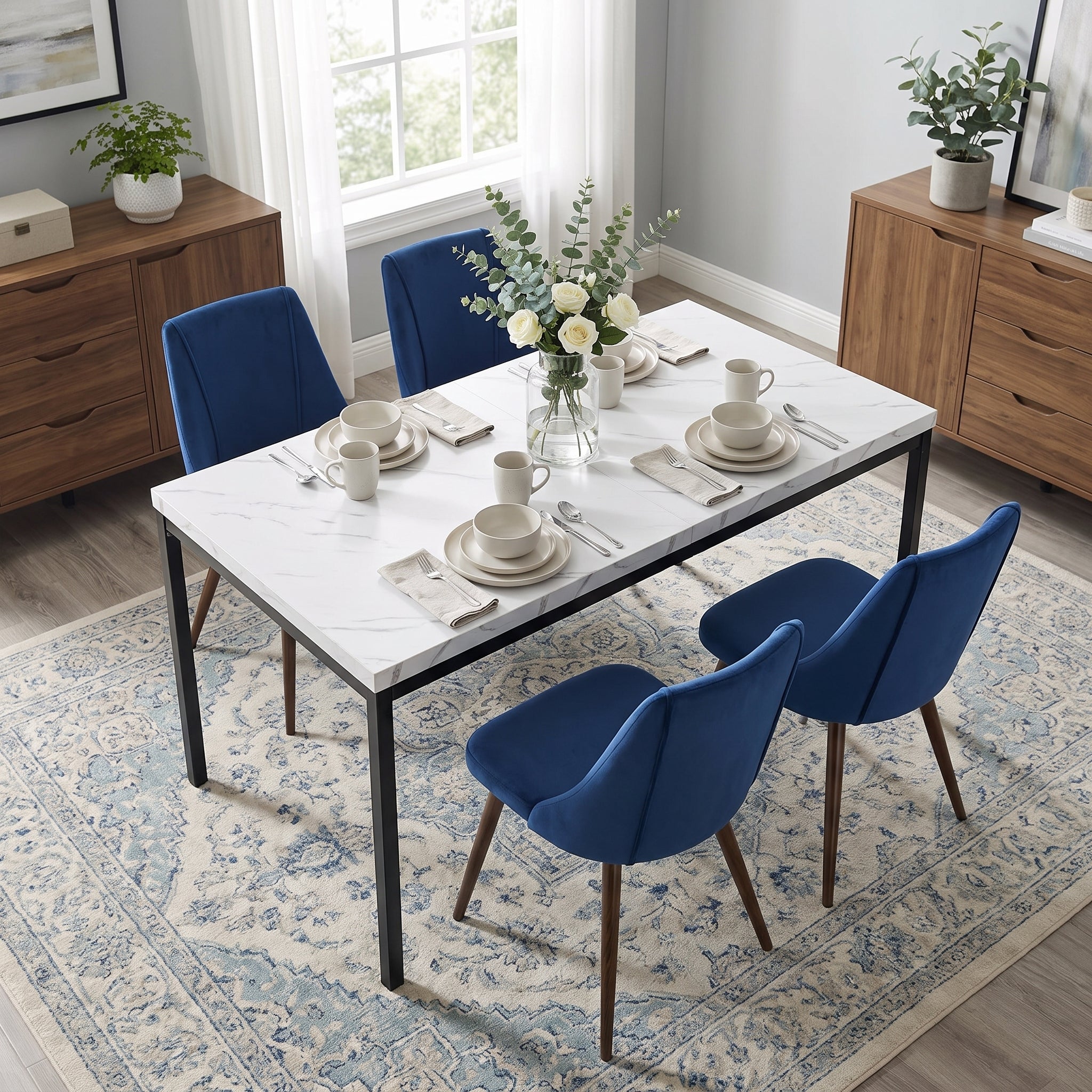 Homy Casa CAJON 150+SMEG 5-Piece Dining Set 59" White Marble Dining Table with 4 Dark Blue Upholstered Chairs Open Box