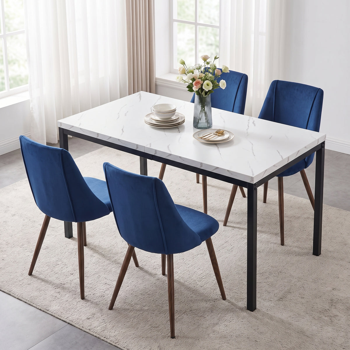 Homy Casa CAJON 150+SMEG 5-Piece Dining Set 59" White Marble Dining Table with 4 Dark Blue Upholstered Chairs Open Box