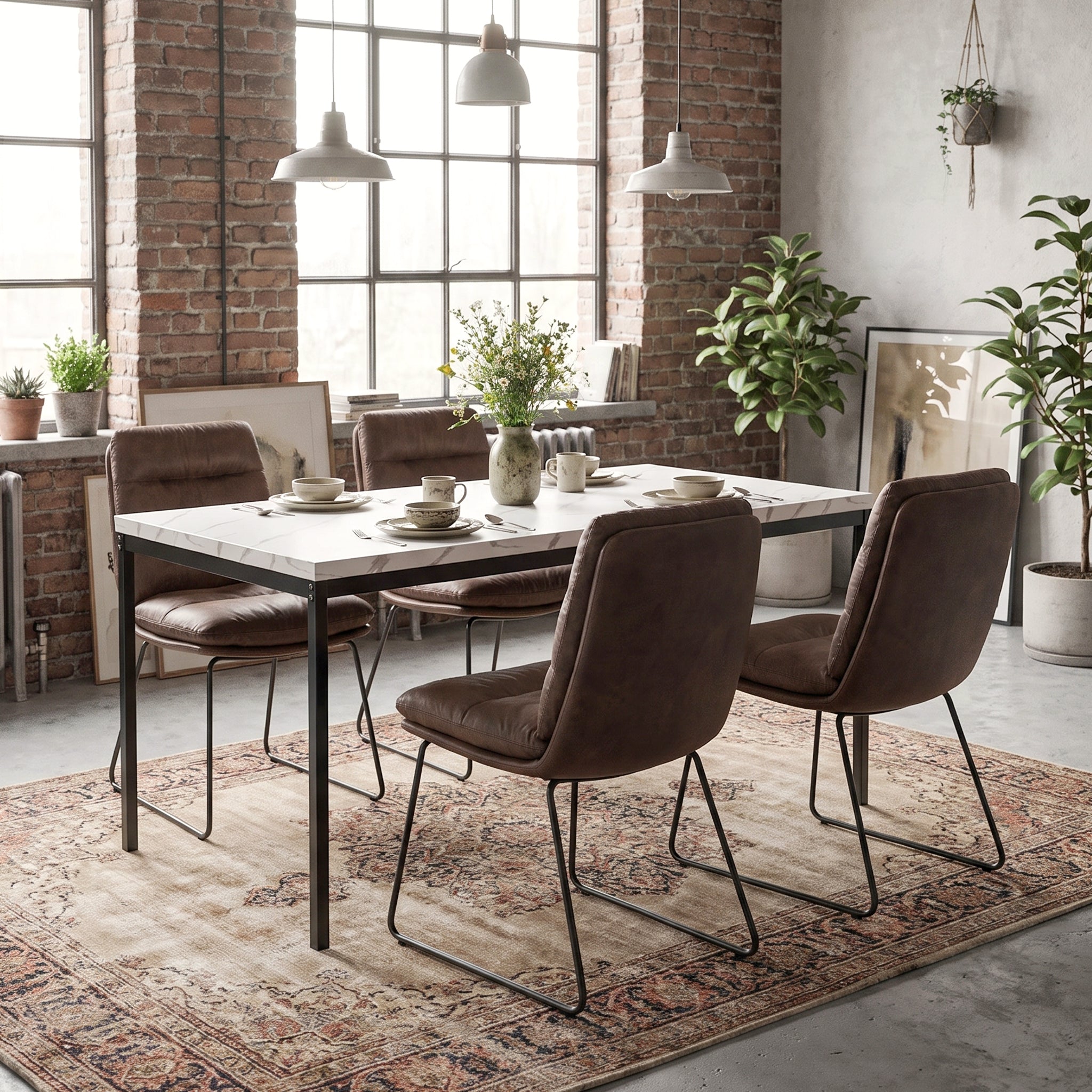 Homy Casa CAJON 150+STEFFEN 5PC Dining Set 59.1" White Marble Table with 4 Steffen Brown Fabric Dining Chairs Open Box