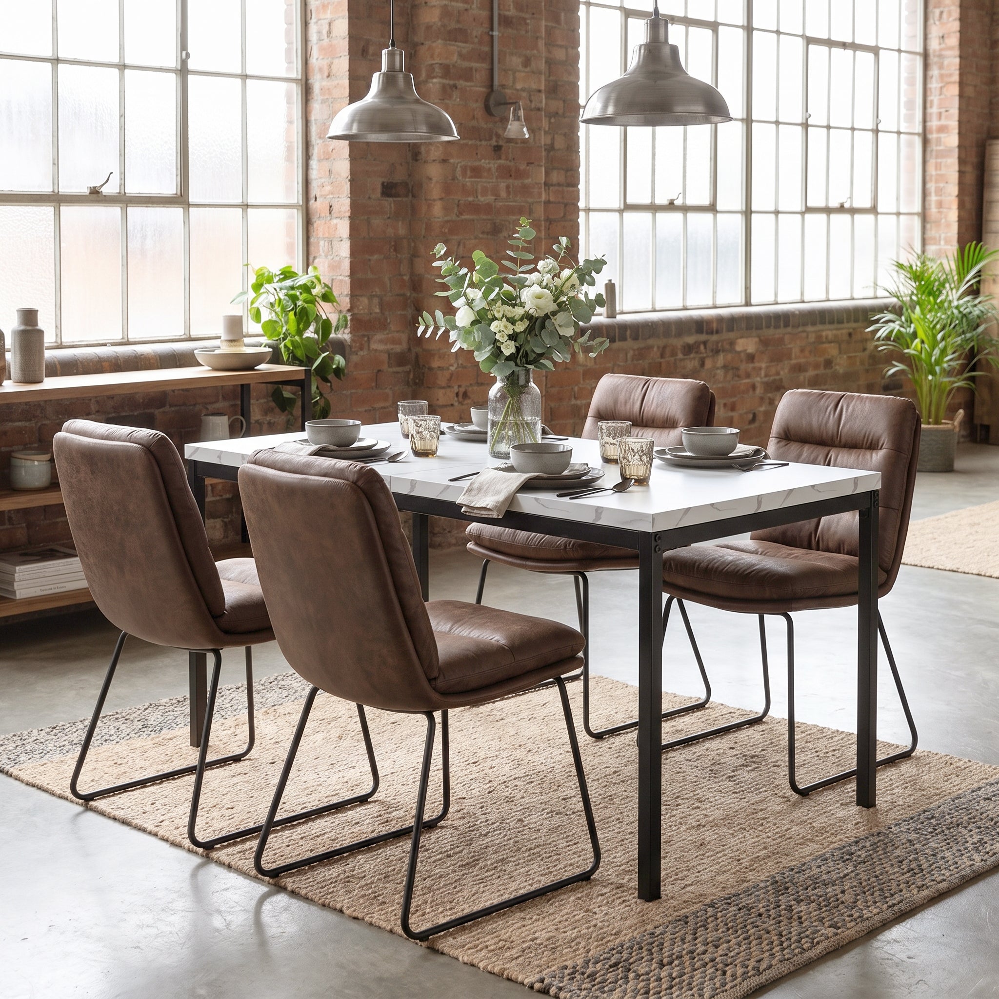 Homy Casa CAJON 150+STEFFEN 5PC Dining Set 59.1" White Marble Table with 4 Steffen Brown Fabric Dining Chairs Open Box