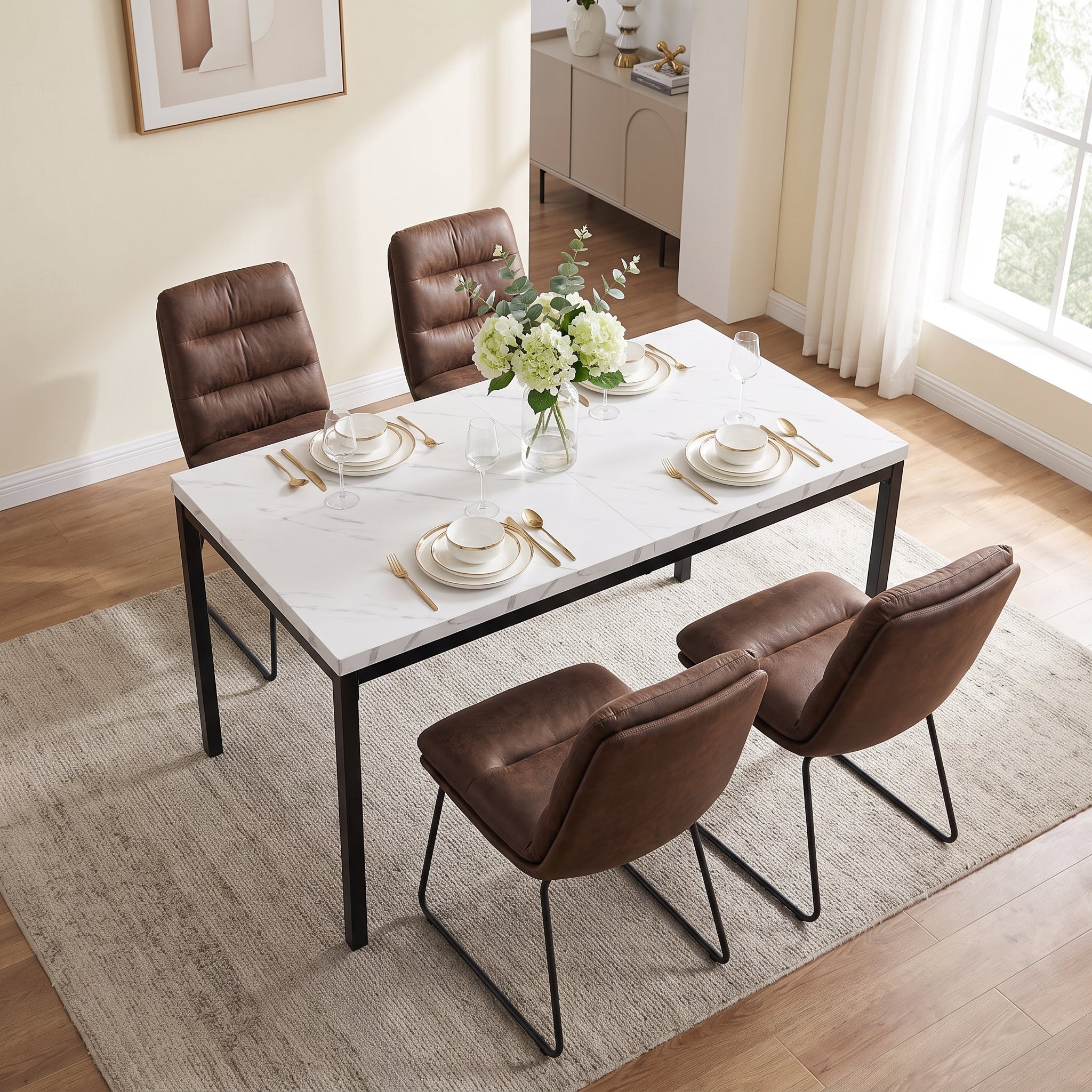 Homy Casa CAJON 150+STEFFEN 5PC Dining Set 59.1" White Marble Table with 4 Steffen Brown Fabric Dining Chairs Open Box