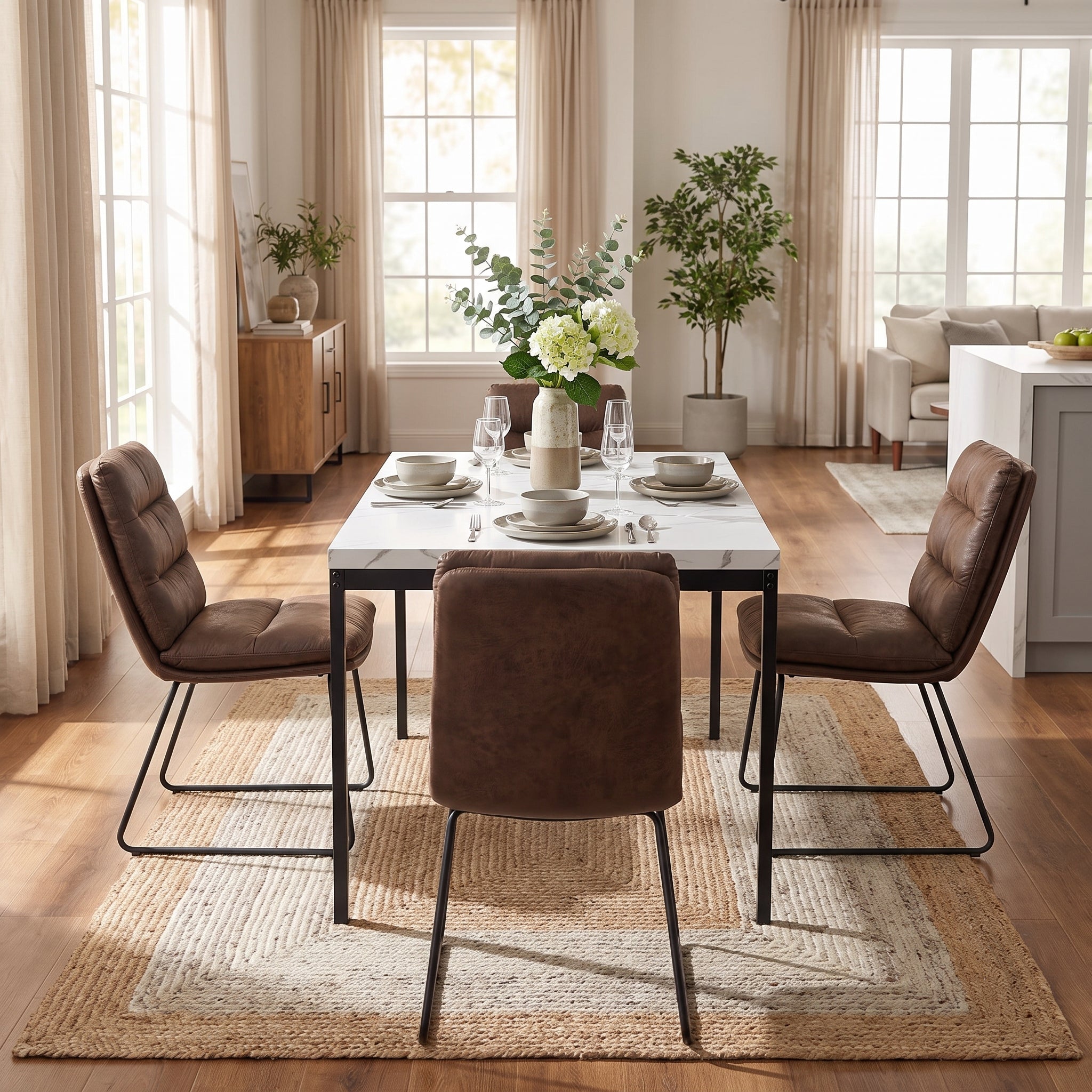 Homy Casa CAJON 150+STEFFEN 5PC Dining Set 59.1" White Marble Table with 4 Steffen Brown Fabric Dining Chairs Open Box