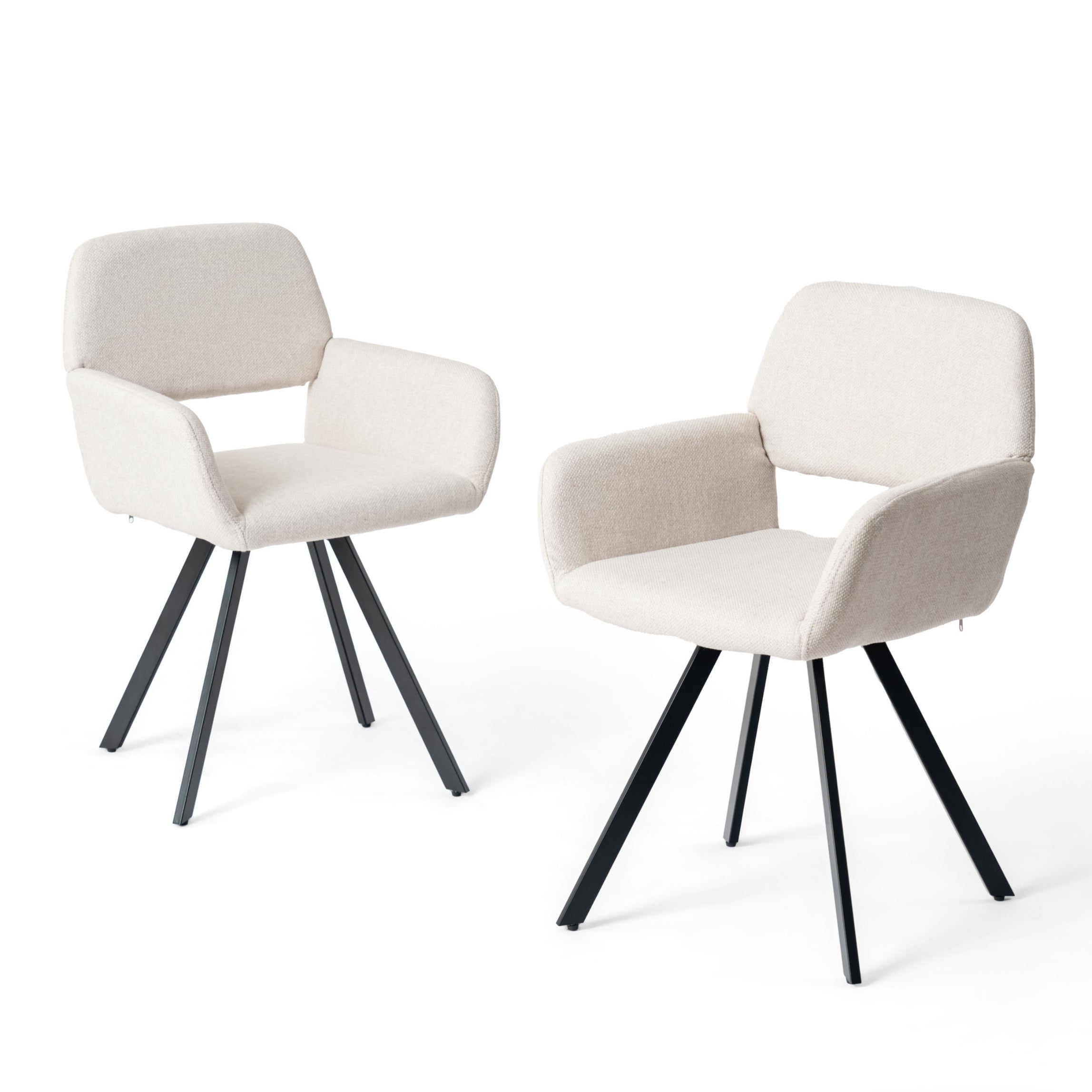 california swivel dining chair - beige fabric upholstery with armrest - black metal base modern style