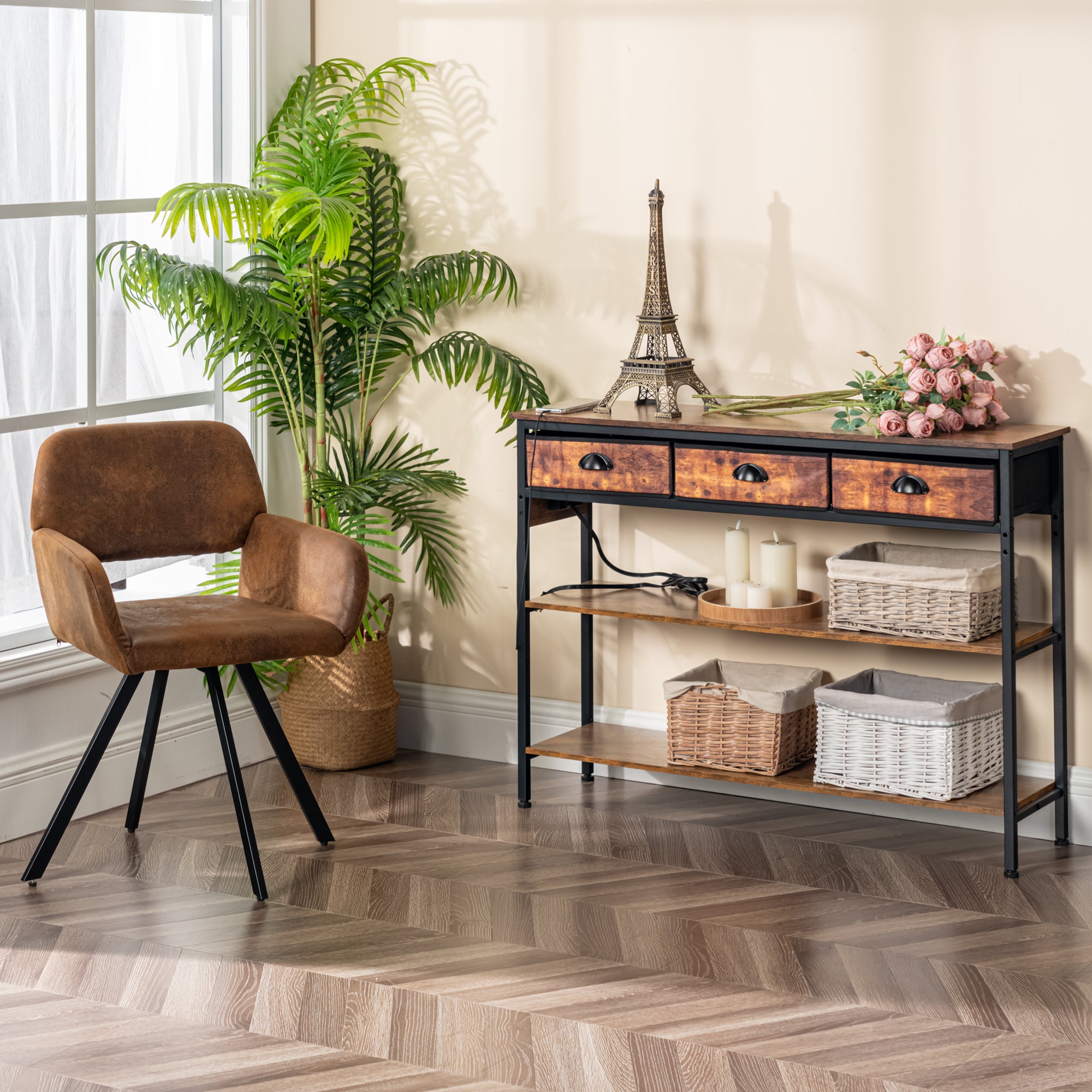 Homy Casa Stan 5 Piece Walnut Dining Table Set 63” Table with 4 California Brown Upholstered Chairs