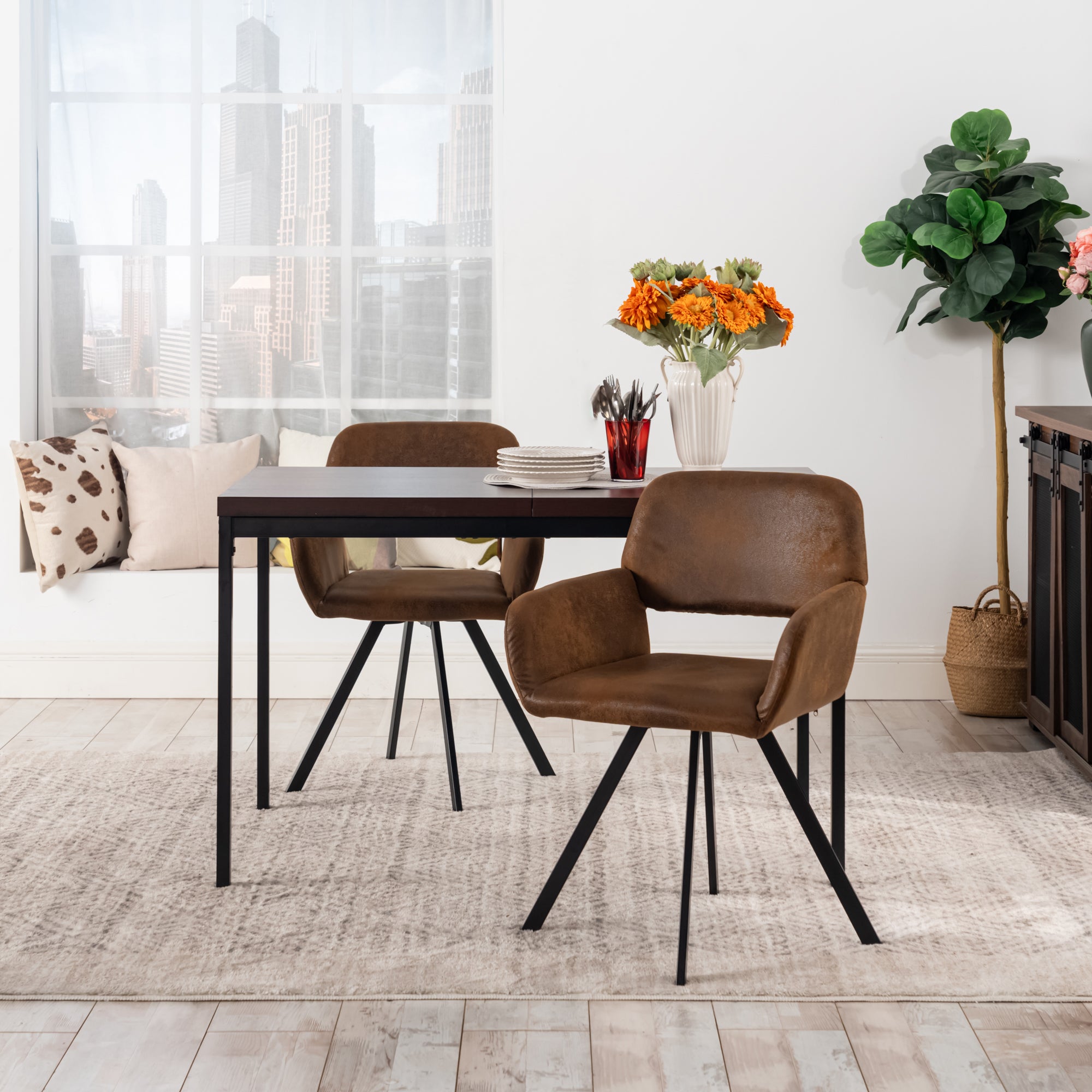 Homy Casa Stan 5 Piece Walnut Dining Table Set 63” Table with 4 California Brown Upholstered Chairs