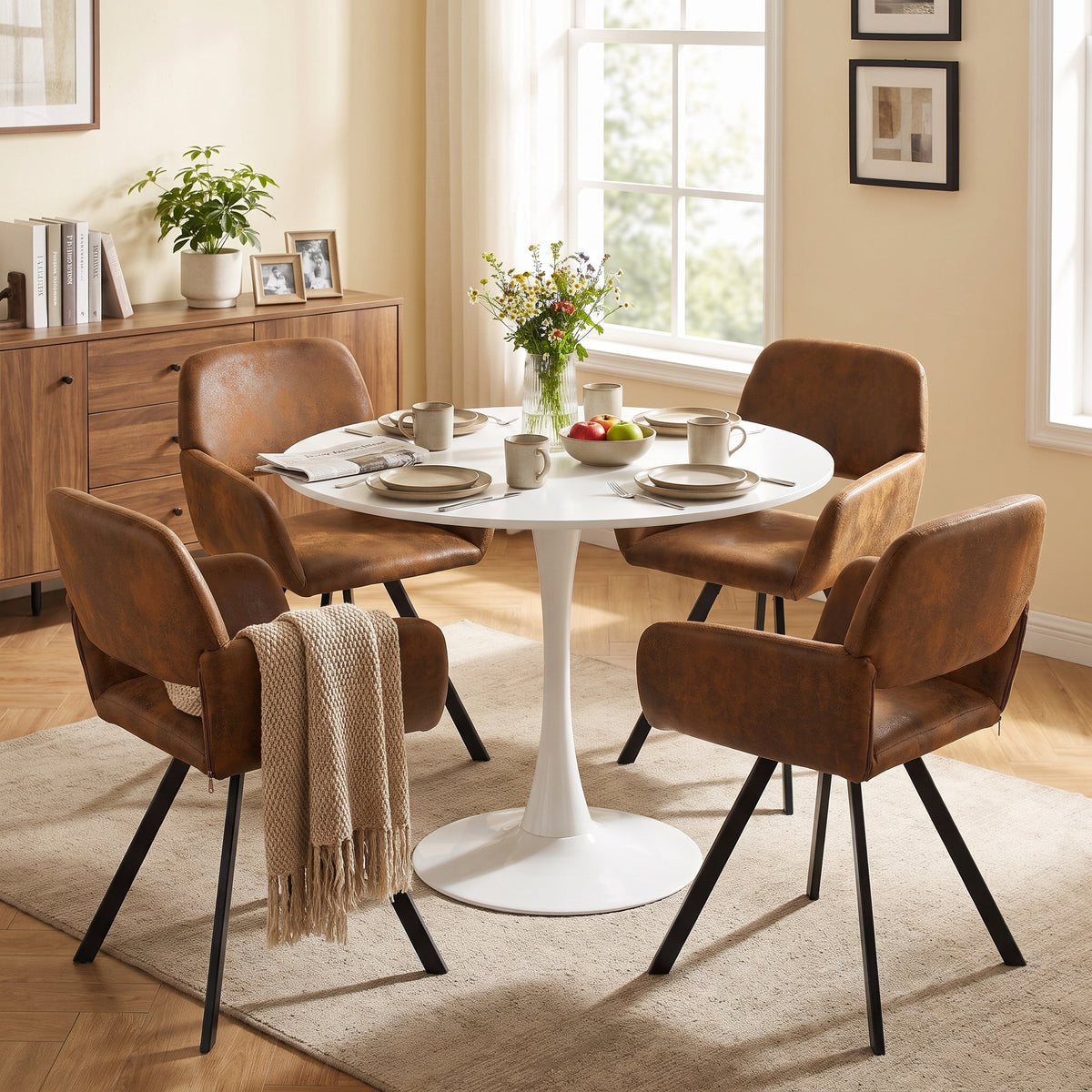 Homy Casa CLIFT + CALIFORNIA Brown 5PC 31.5" Round Dining Set White Table with 4 Suede Brown Swivel Chairs, Open Box