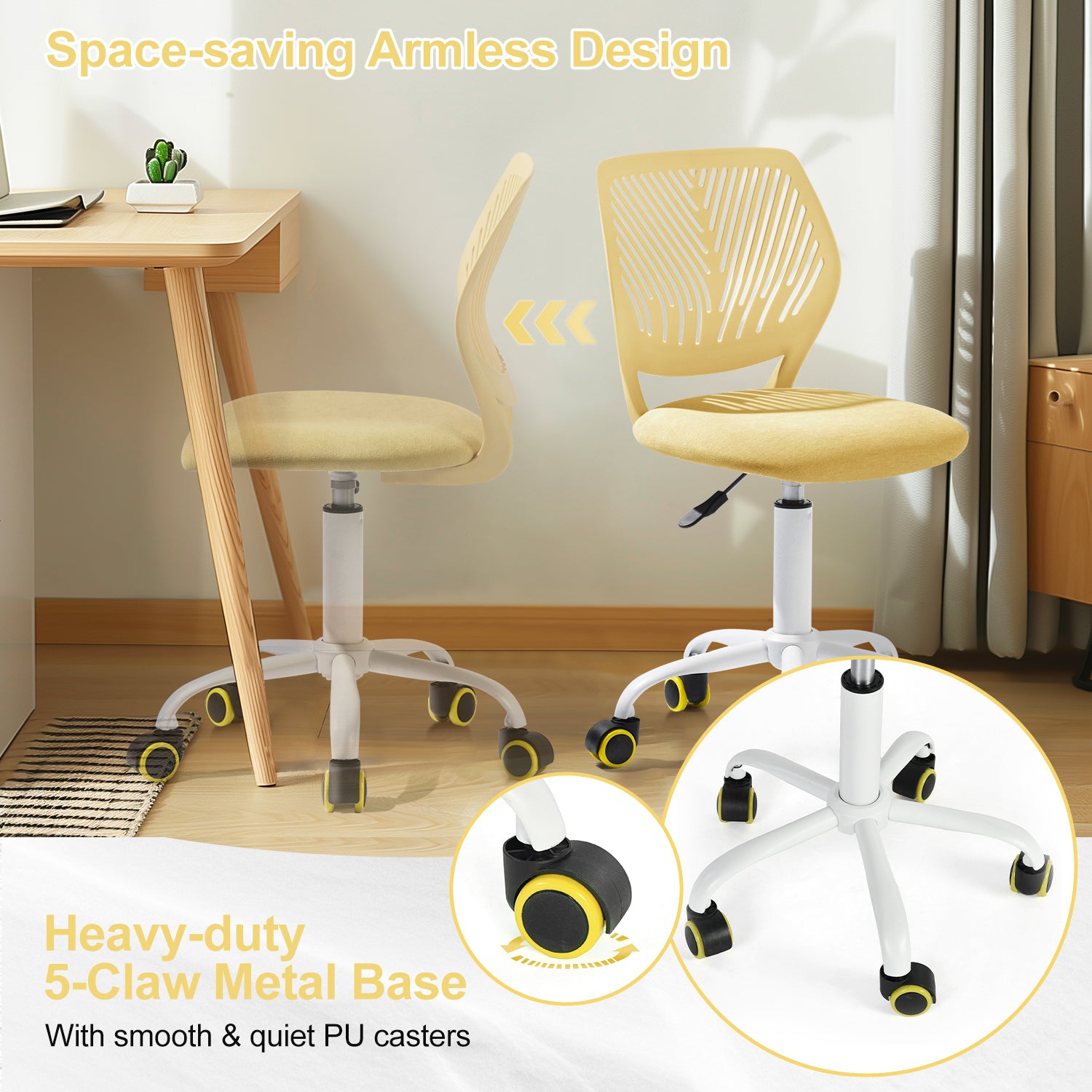 Homy Casa Carnation Yellow Adjustable Fabric Task Chair with PU Casters, Open Box