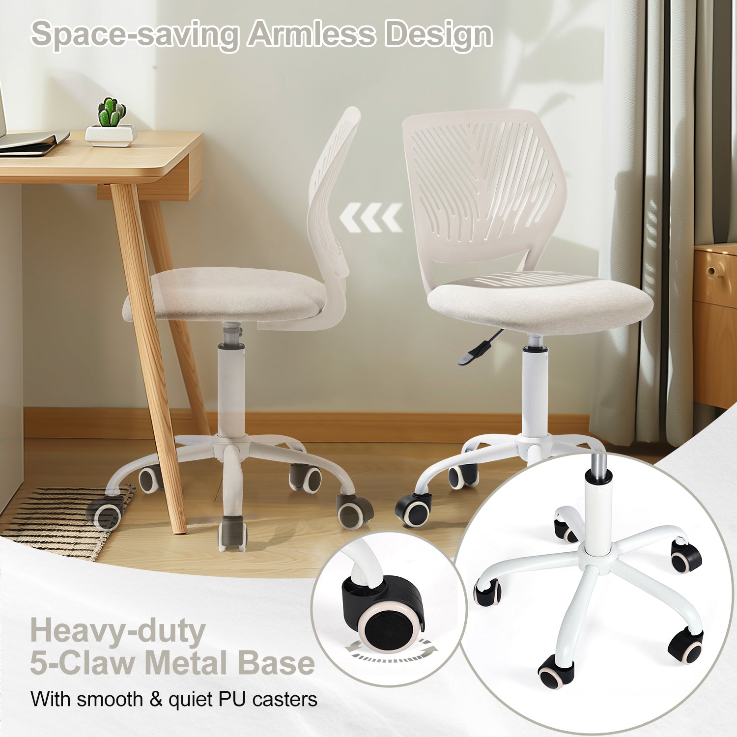 Homy Casa Carnation Adjustable Fabric Task Chair with PU Casters, Beige, Open Box